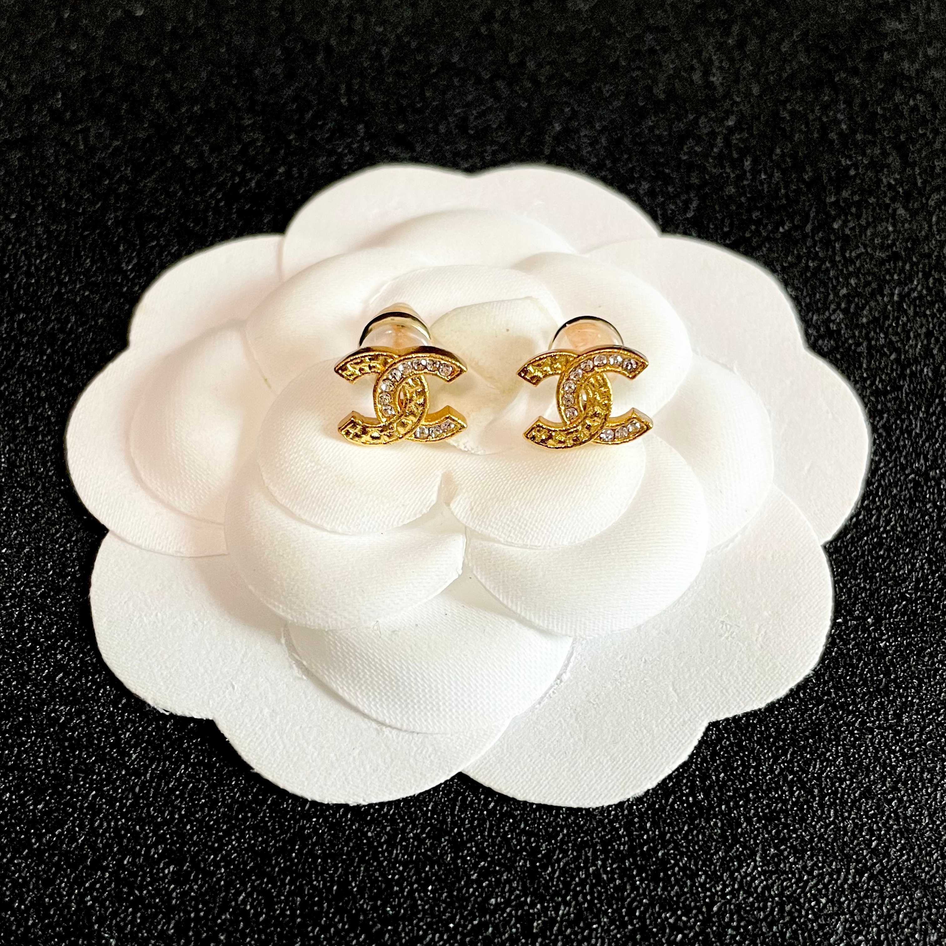 Chanel CC Logo Stud Earrings earrings Gold-tone metal with clear crystal accents silver-tone metal with clear crystal accents 1cm stud diameter
