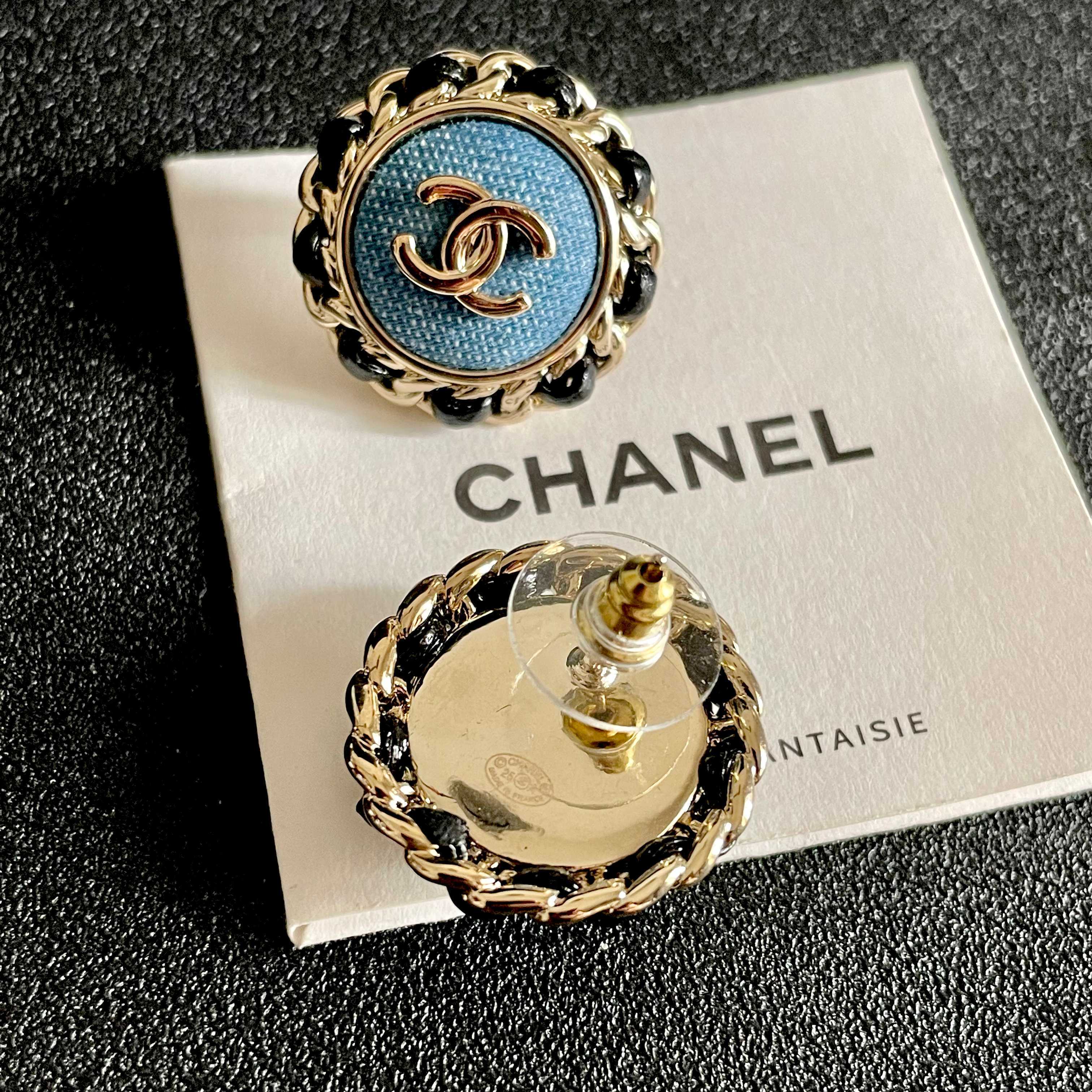 Chanel CC Logo Chain-Trimmed Denim Button Earrings earrings light gold-tone metal blue denim center black leather chain trim 1 8cm diameter