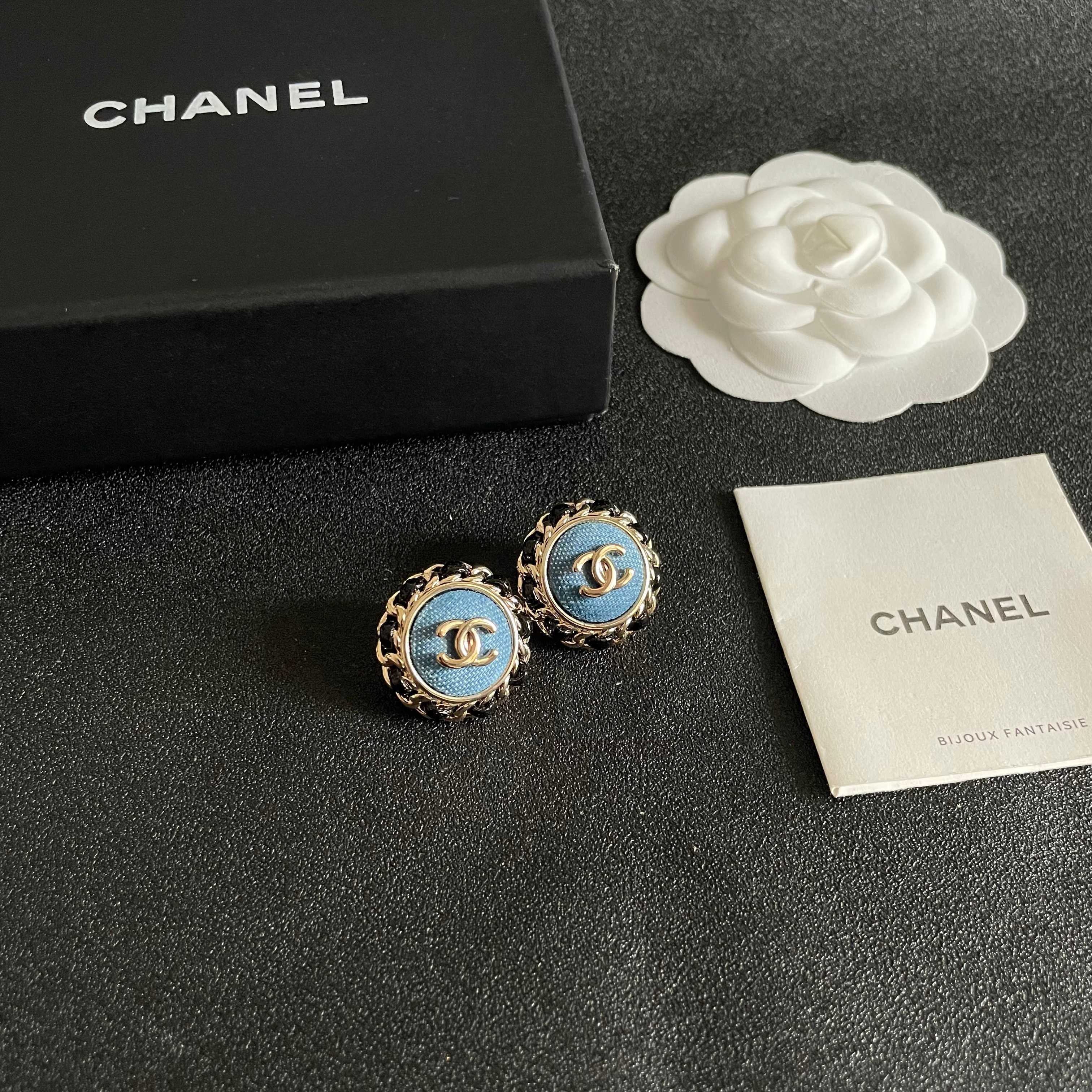 Chanel CC Logo Chain-Trimmed Denim Button Earrings earrings light gold-tone metal blue denim center black leather chain trim 1 8cm diameter