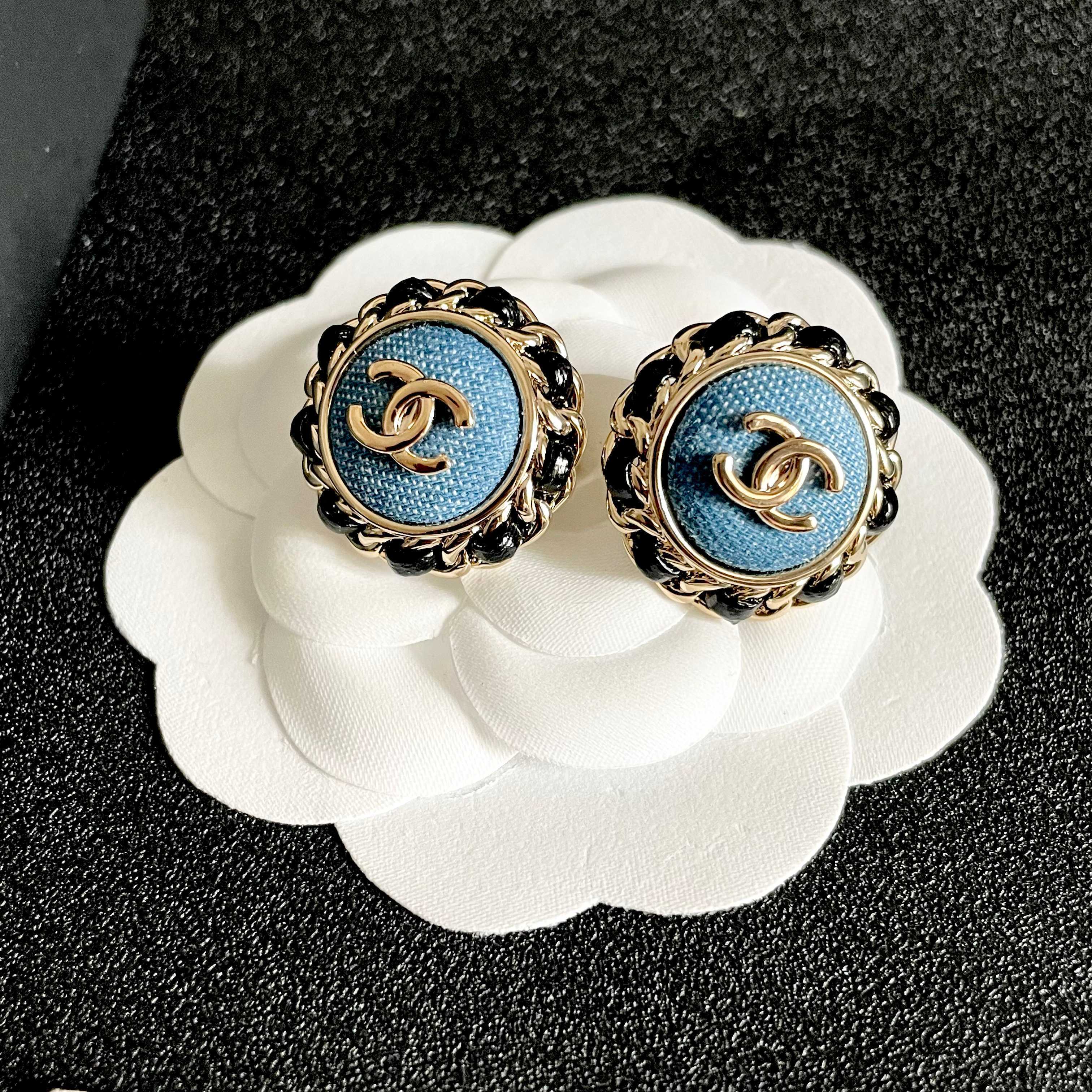 Chanel CC Logo Chain-Trimmed Denim Button Earrings earrings light gold-tone metal blue denim center black leather chain trim 1 8cm diameter