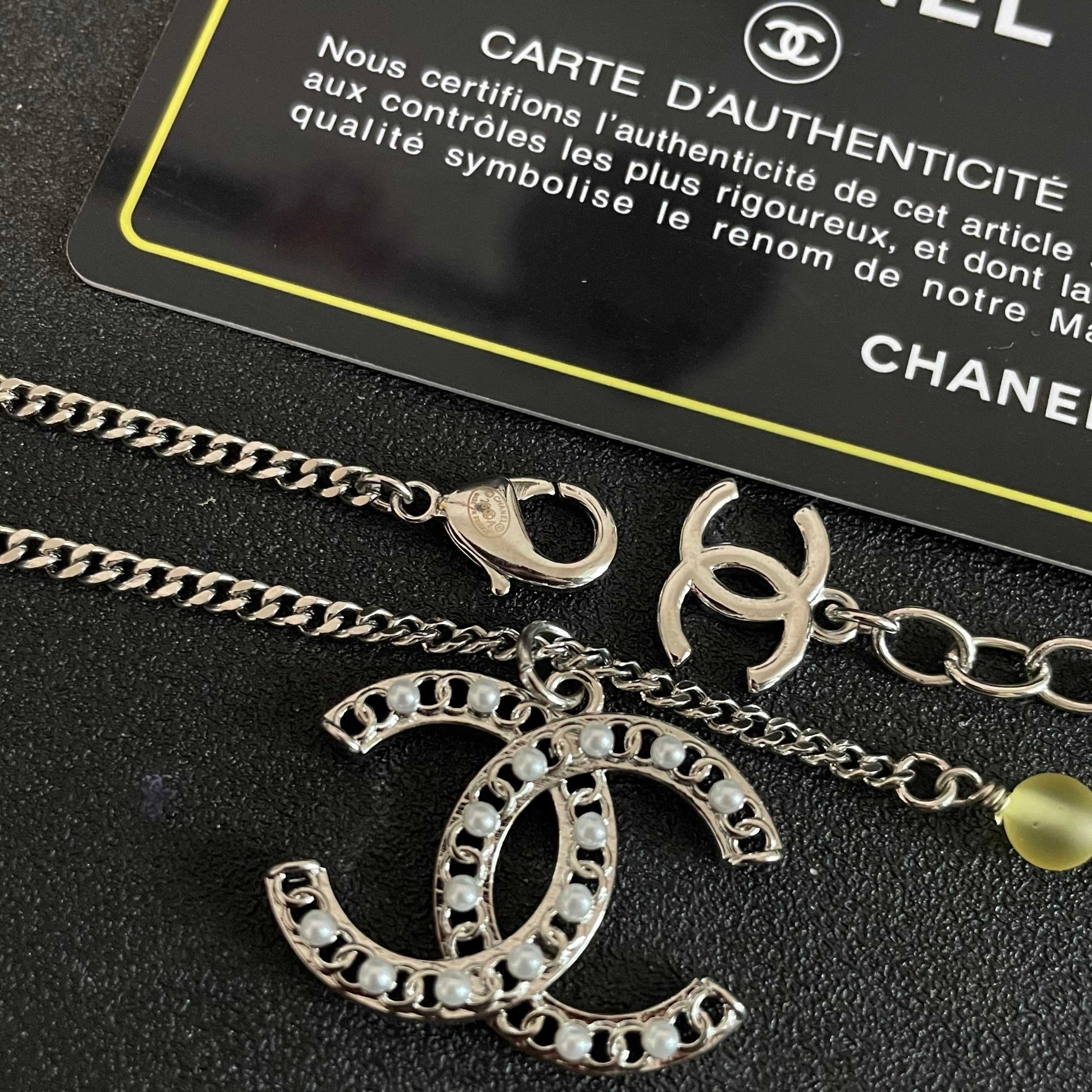 Chanel CC Logo Multicolor Bead Pearl Pendant Necklace necklace Silver-tone metal with white faux pearl accents pink clear yellow pastel resin beads 42cm