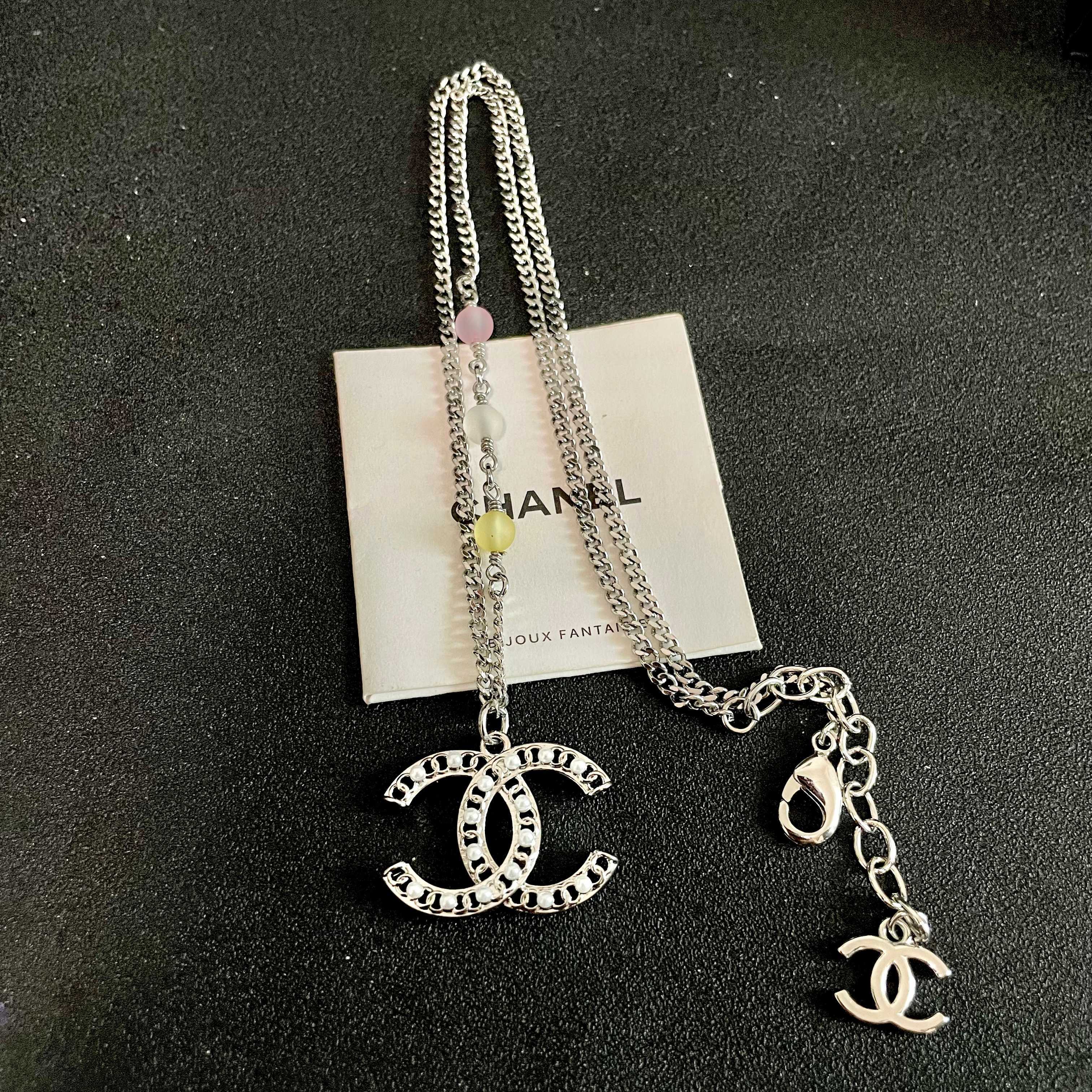Chanel CC Logo Multicolor Bead Pearl Pendant Necklace necklace Silver-tone metal with white faux pearl accents pink clear yellow pastel resin beads 42cm
