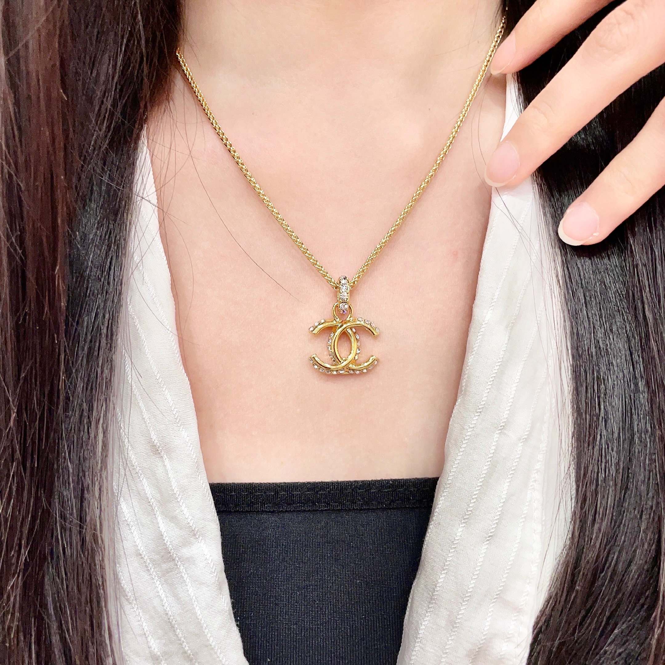 Chanel CC Logo Crystal Pendant Necklace necklace Gold-tone metal with clear crystal accents 42cm