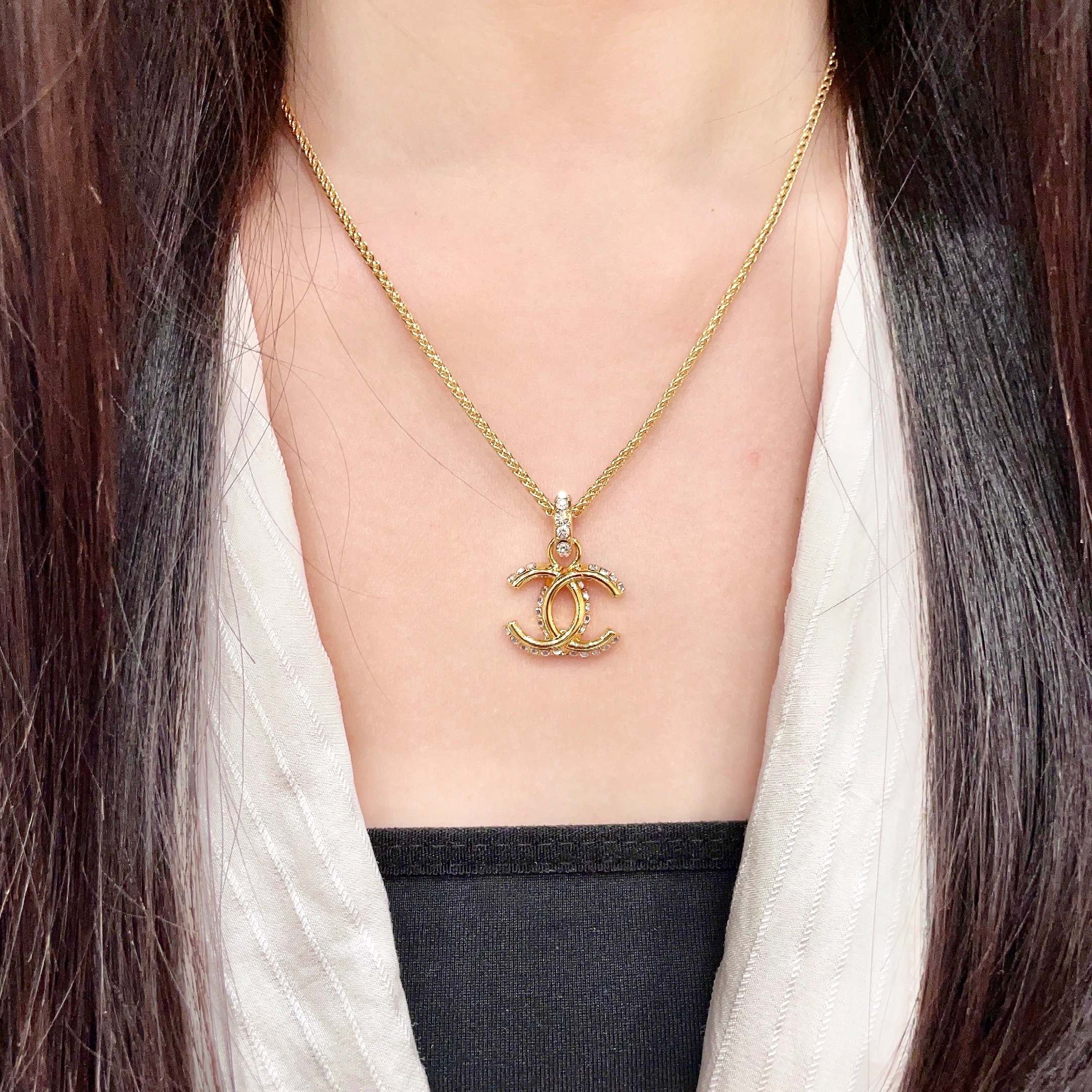 Chanel CC Logo Crystal Pendant Necklace necklace Gold-tone metal with clear crystal accents 42cm