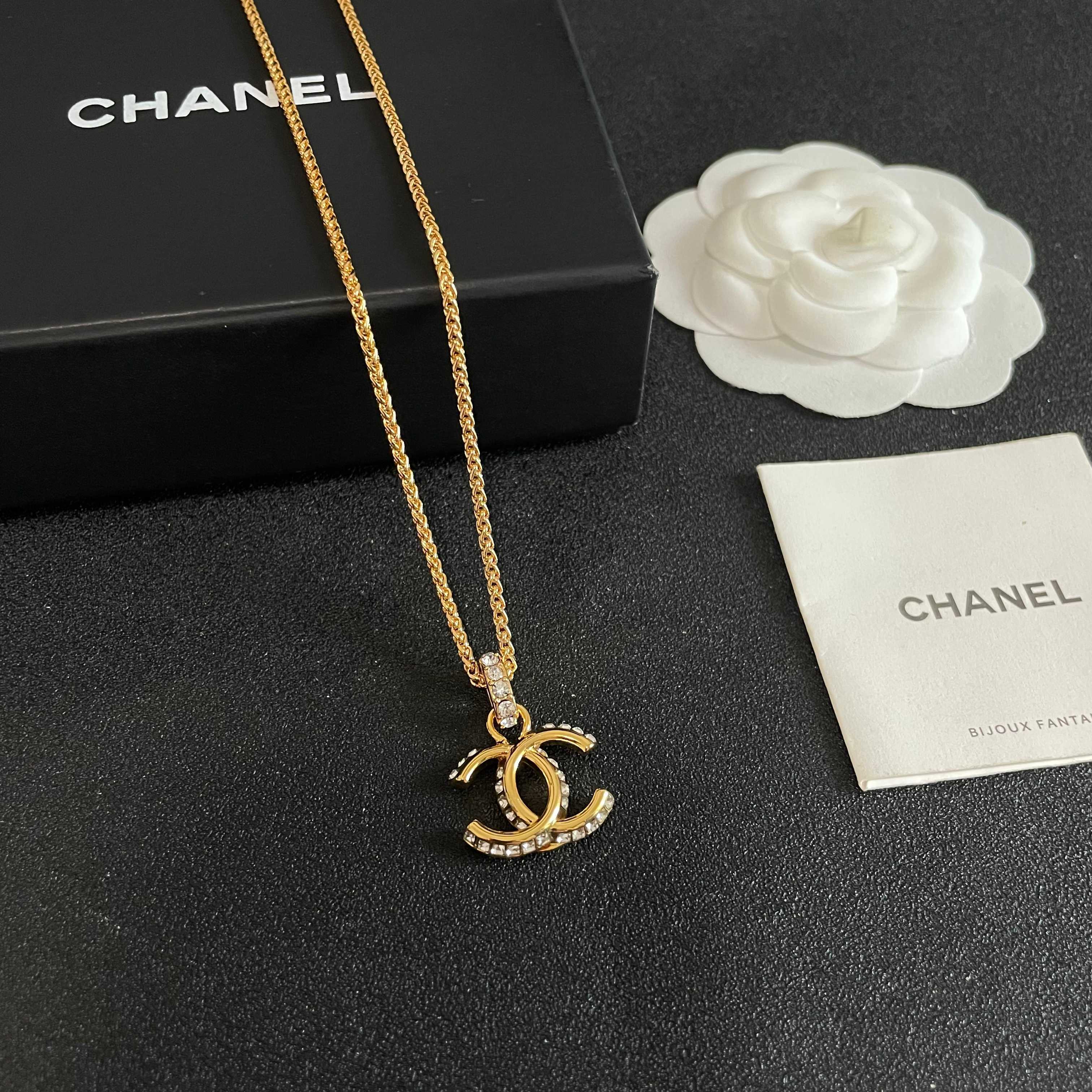 Chanel CC Logo Crystal Pendant Necklace necklace Gold-tone metal with clear crystal accents 42cm