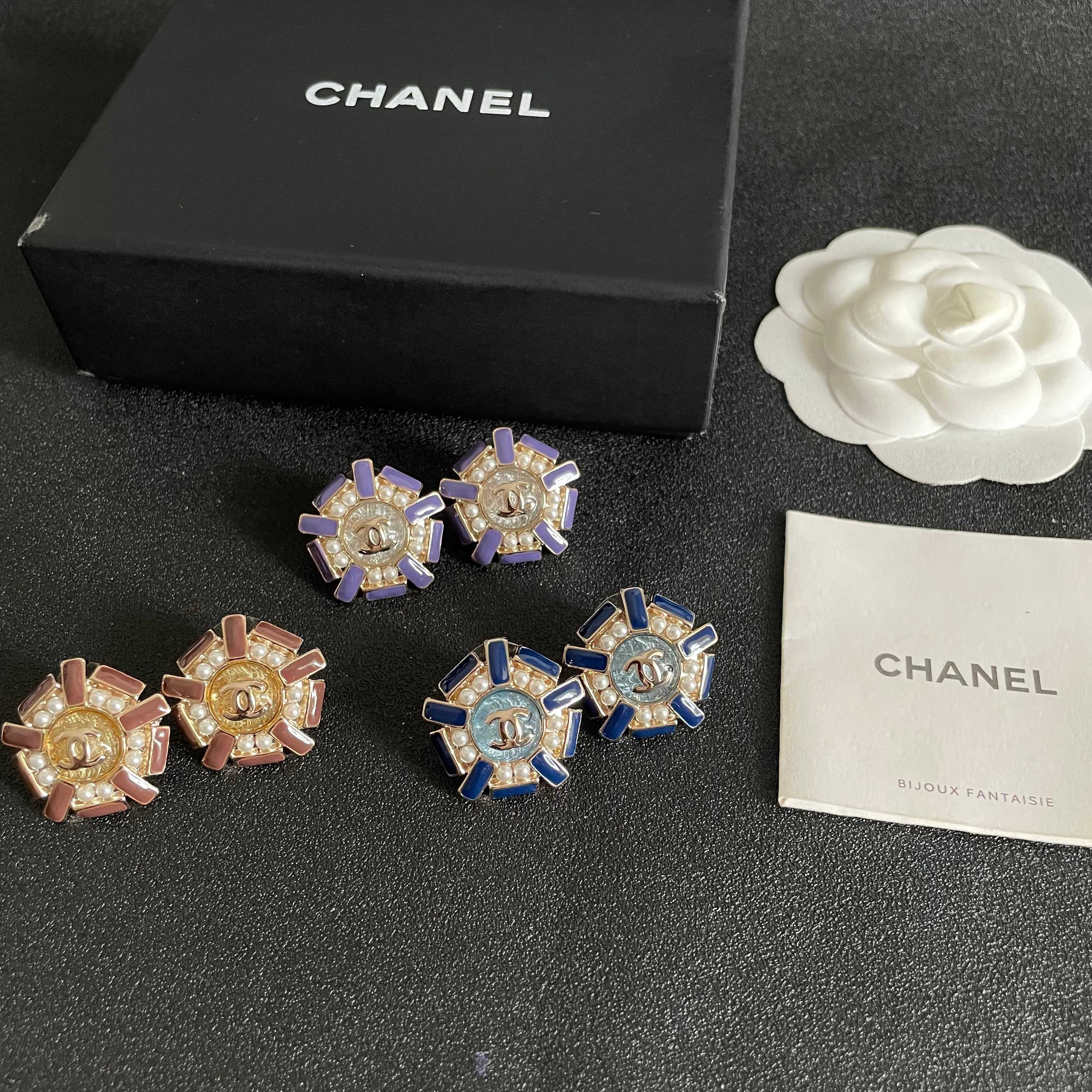 Chanel CC Logo Blue Enamel Pearl Stud Earrings earrings gold tone metal royal blue enamel white faux pearl gray textured center 2cm diameter
