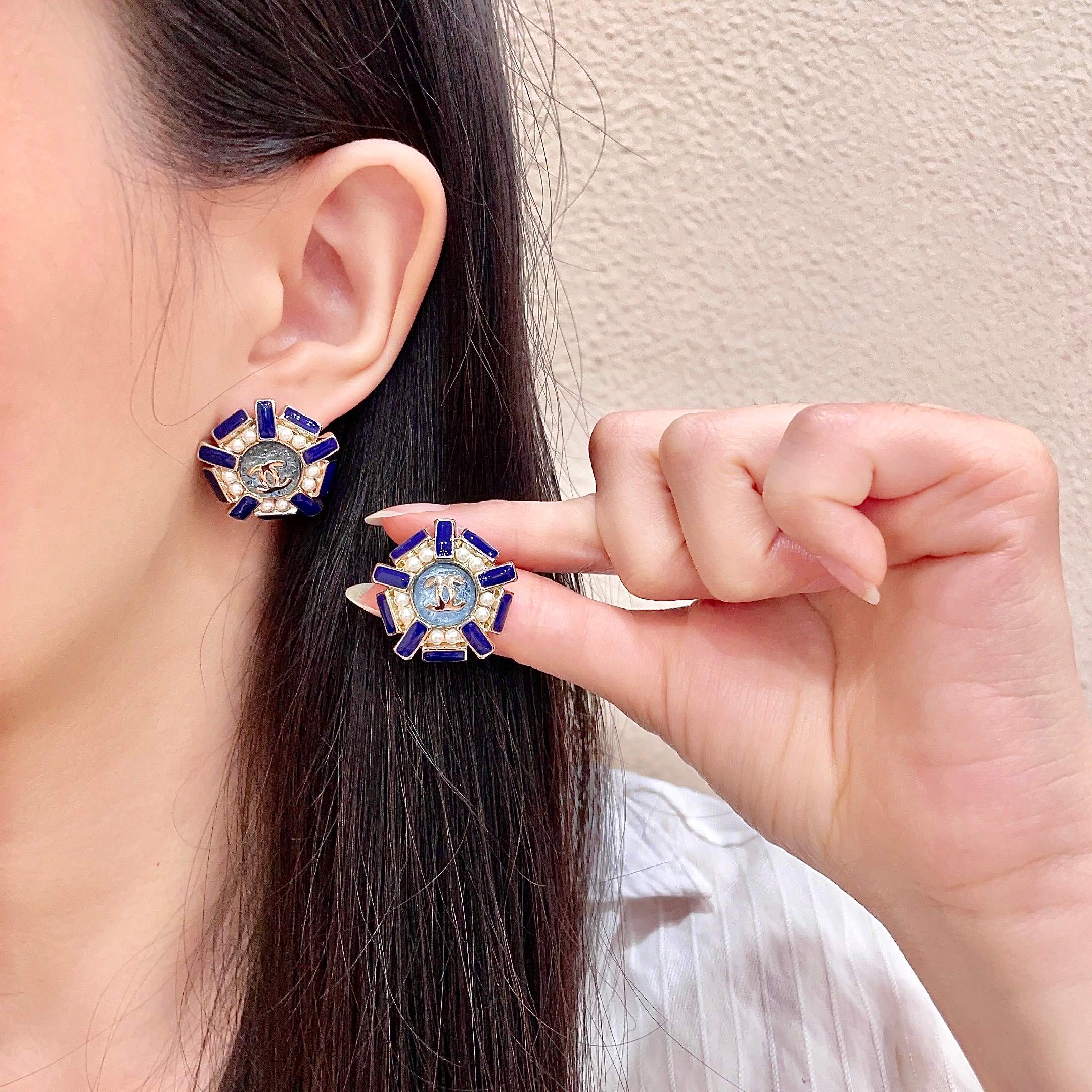 Chanel CC Logo Blue Enamel Pearl Stud Earrings earrings gold tone metal royal blue enamel white faux pearl gray textured center 2cm diameter