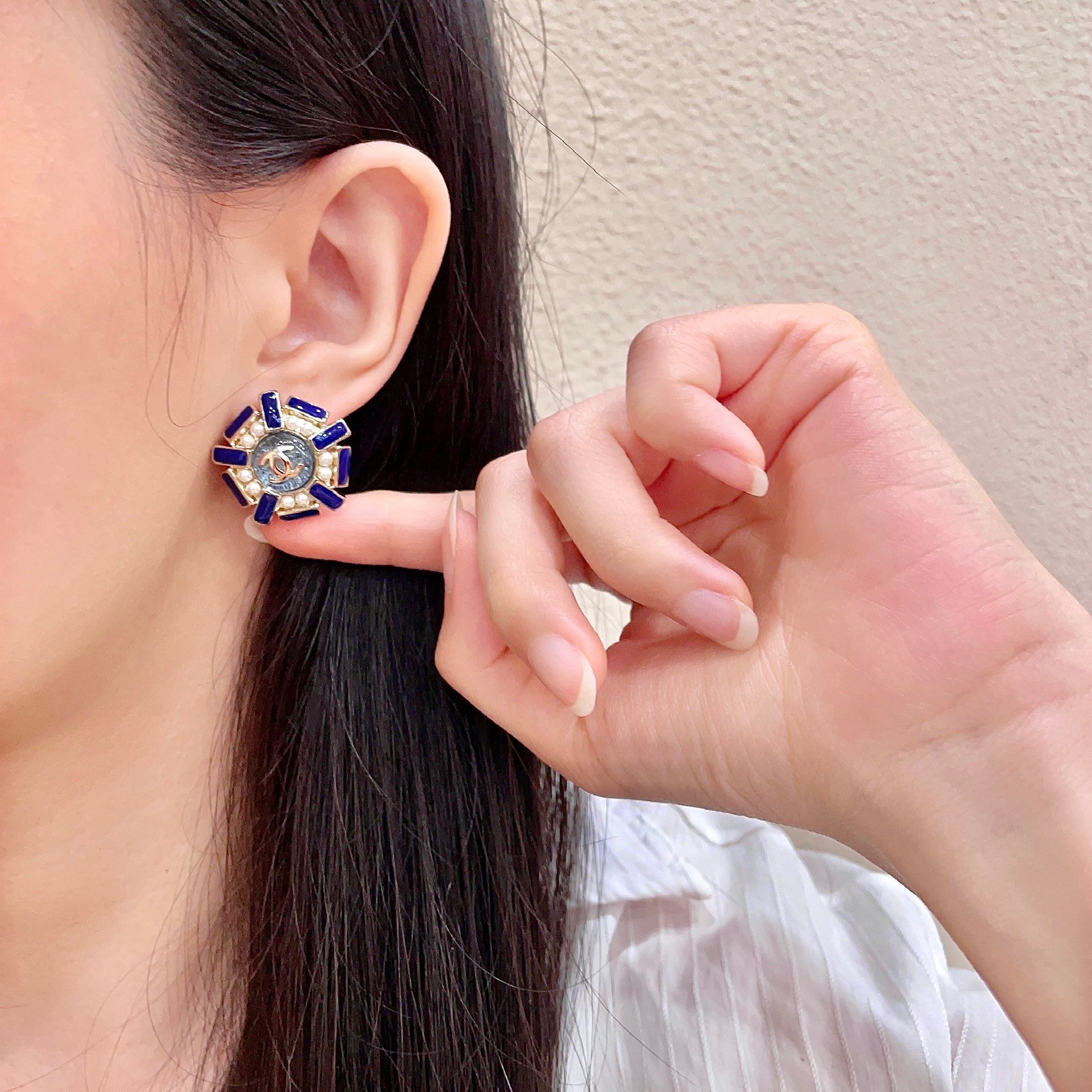 Chanel CC Logo Blue Enamel Pearl Stud Earrings earrings gold tone metal royal blue enamel white faux pearl gray textured center 2cm diameter