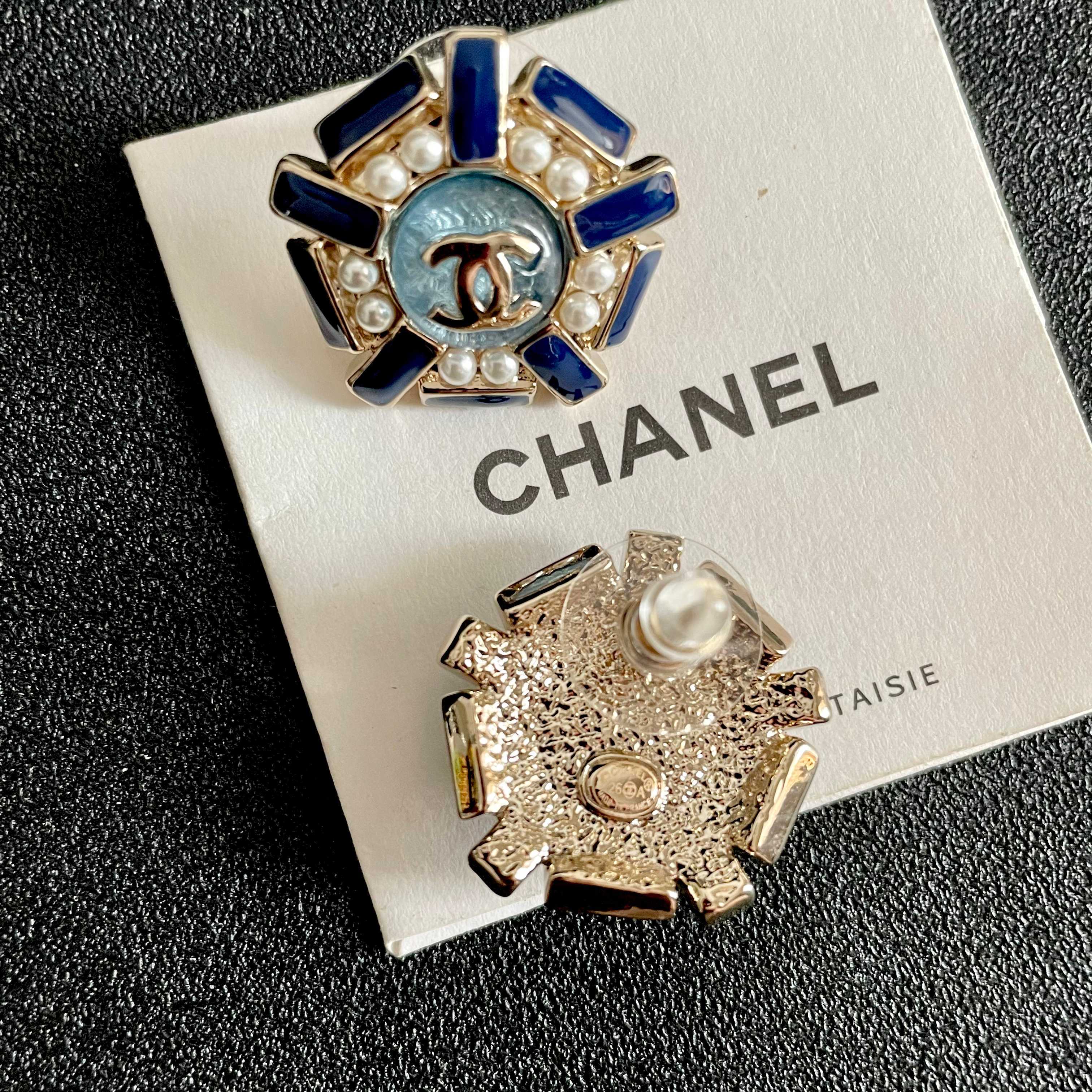 Chanel CC Logo Blue Enamel Pearl Stud Earrings earrings gold tone metal royal blue enamel white faux pearl gray textured center 2cm diameter
