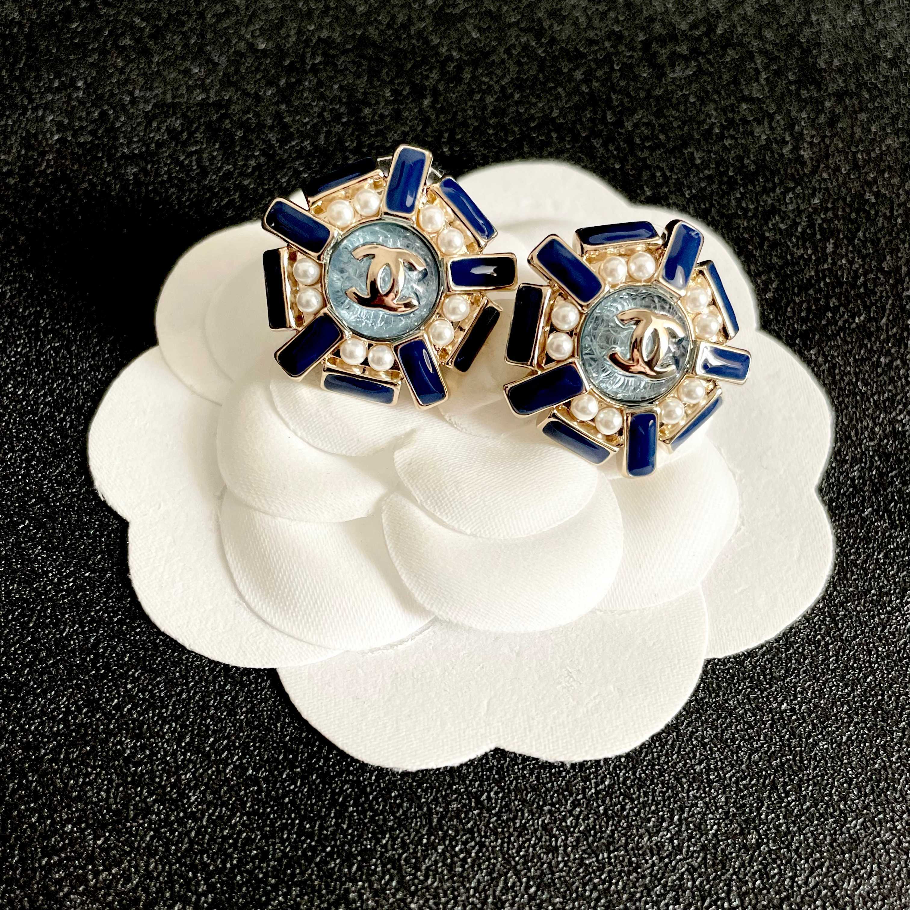 Chanel CC Logo Blue Enamel Pearl Stud Earrings earrings gold tone metal royal blue enamel white faux pearl gray textured center 2cm diameter