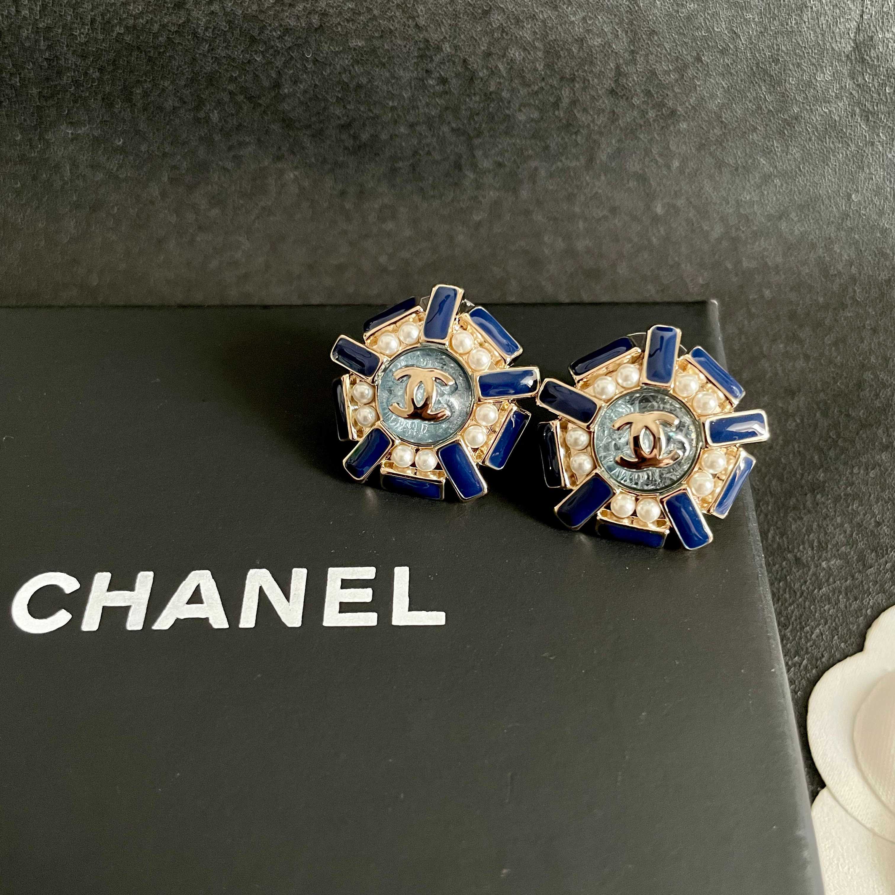 Chanel CC Logo Blue Enamel Pearl Stud Earrings earrings gold tone metal royal blue enamel white faux pearl gray textured center 2cm diameter