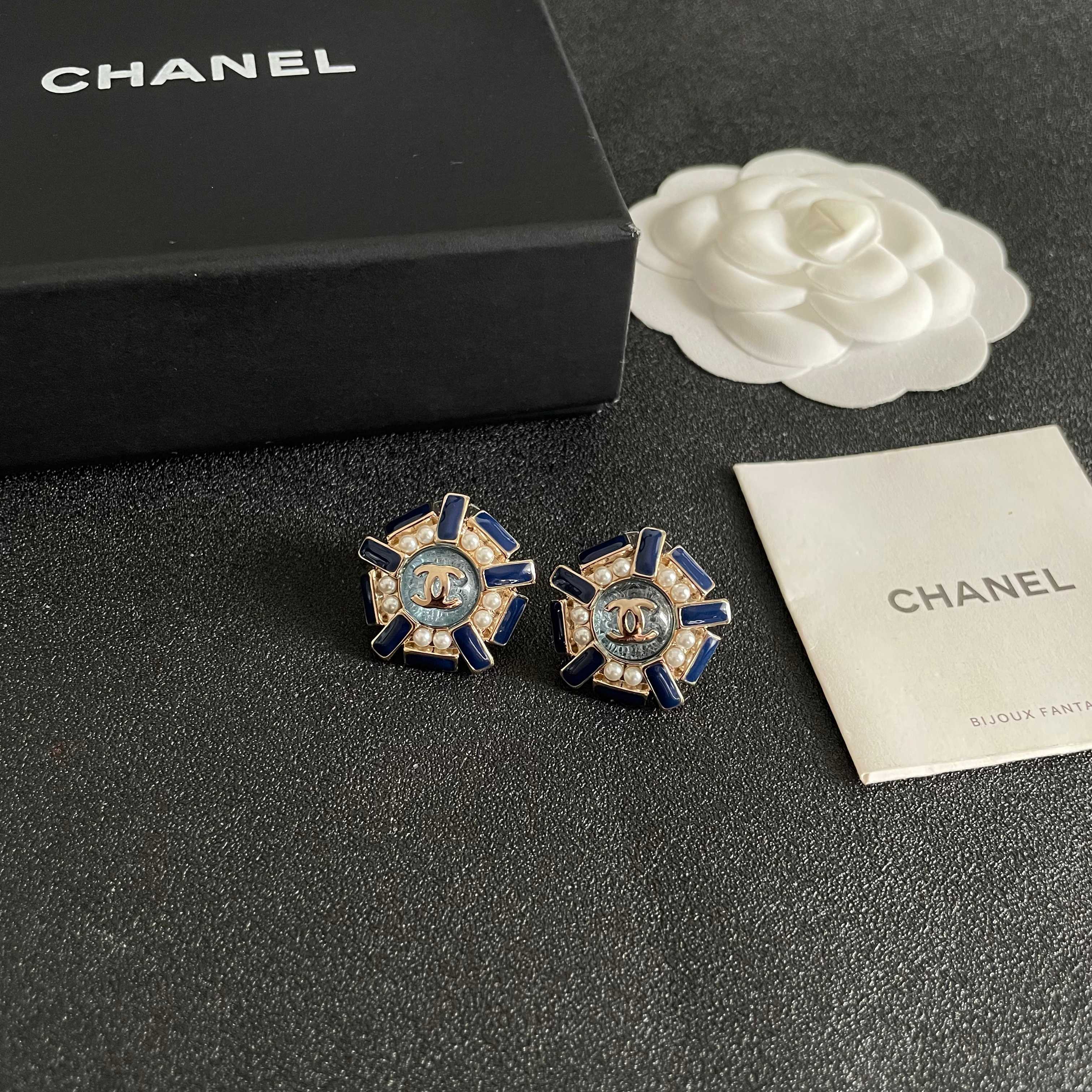 Chanel CC Logo Blue Enamel Pearl Stud Earrings earrings gold tone metal royal blue enamel white faux pearl gray textured center 2cm diameter