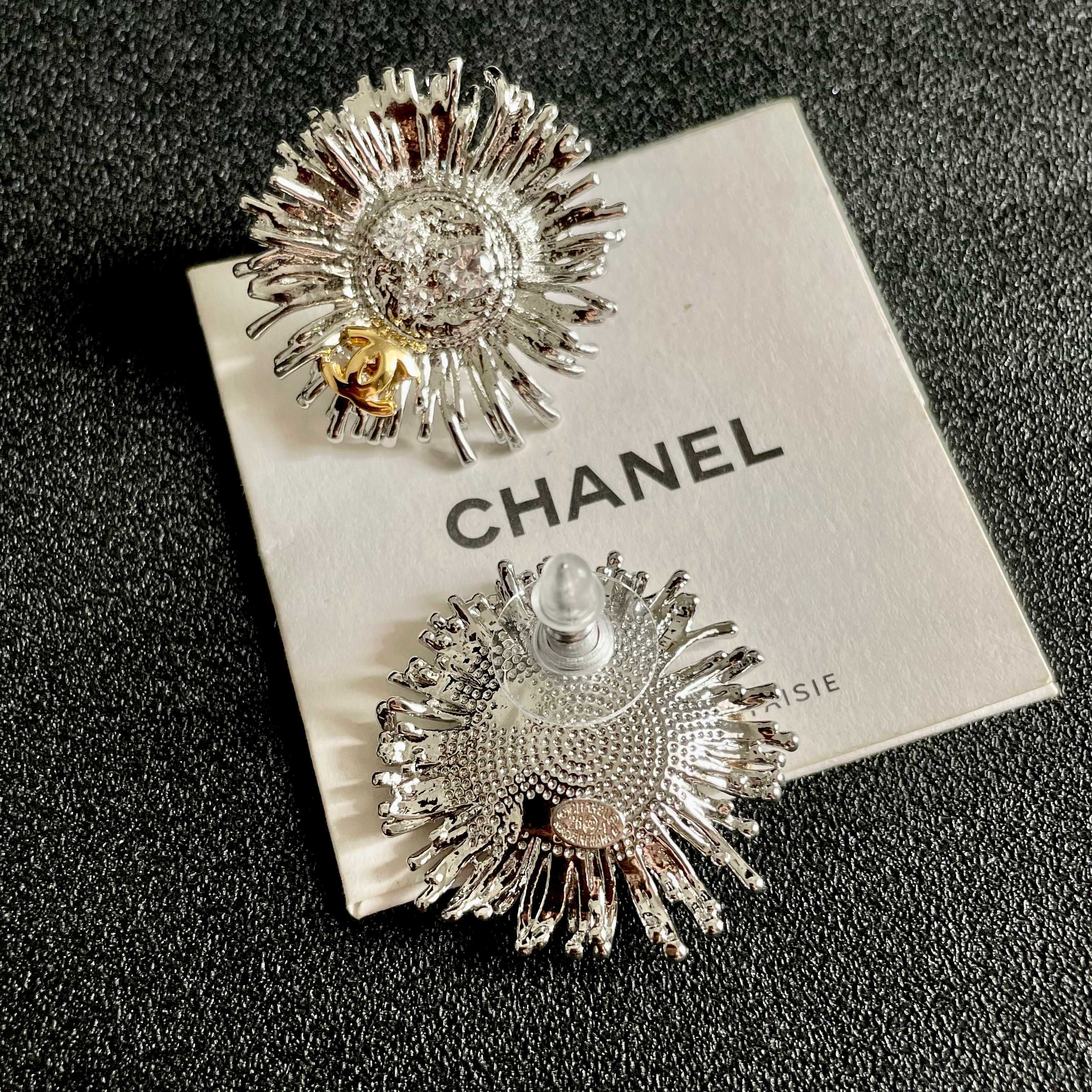 Chanel Sunburst CC Stud Earrings earrings Two-tone gold and silver metal with clear crystal accents 2 5cm diameter