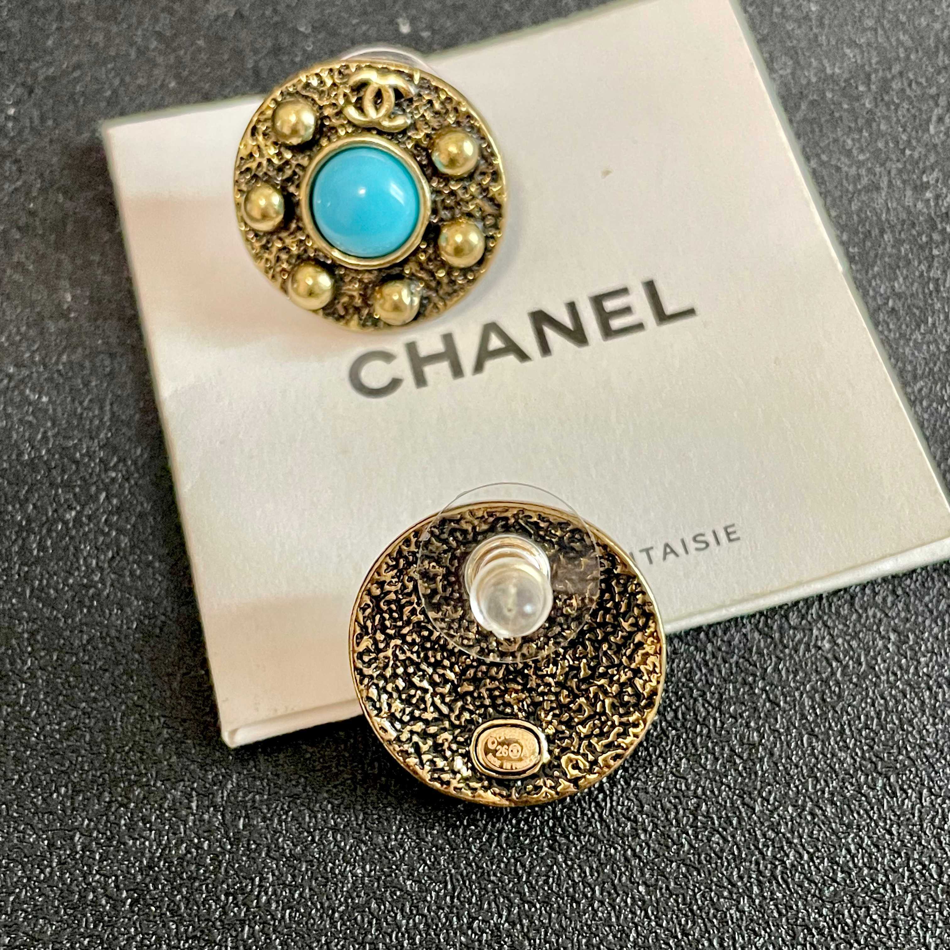 Chanel CC Logo Round Stud Earrings earrings antique gold metal turquoise blue cabochon stone 2cm diameter