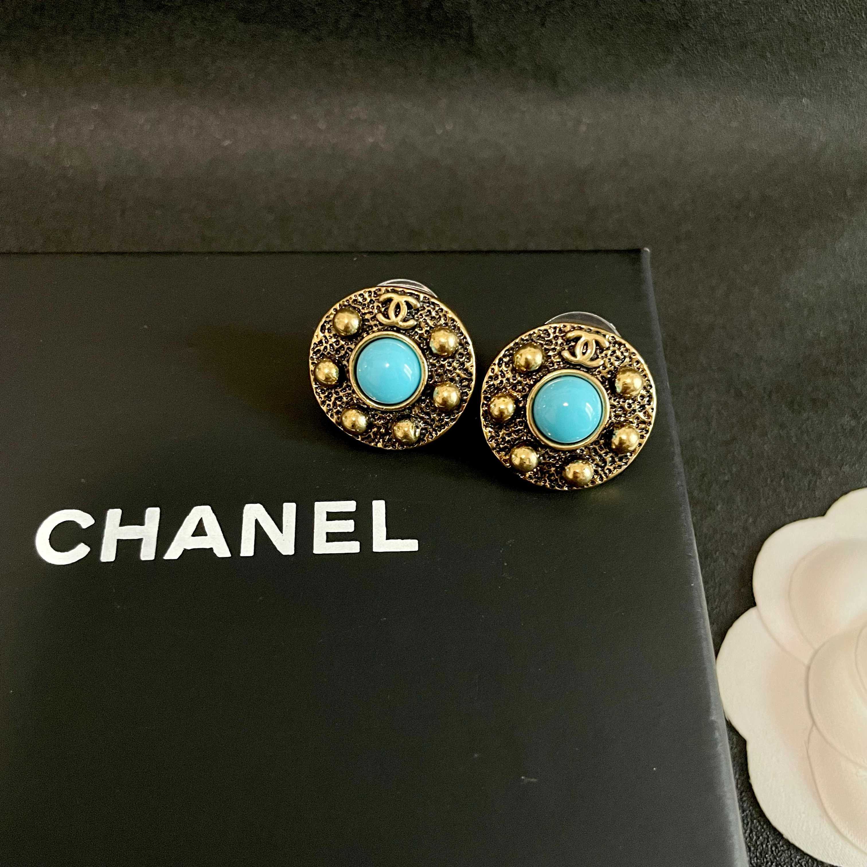 Chanel CC Logo Round Stud Earrings earrings antique gold metal turquoise blue cabochon stone 2cm diameter