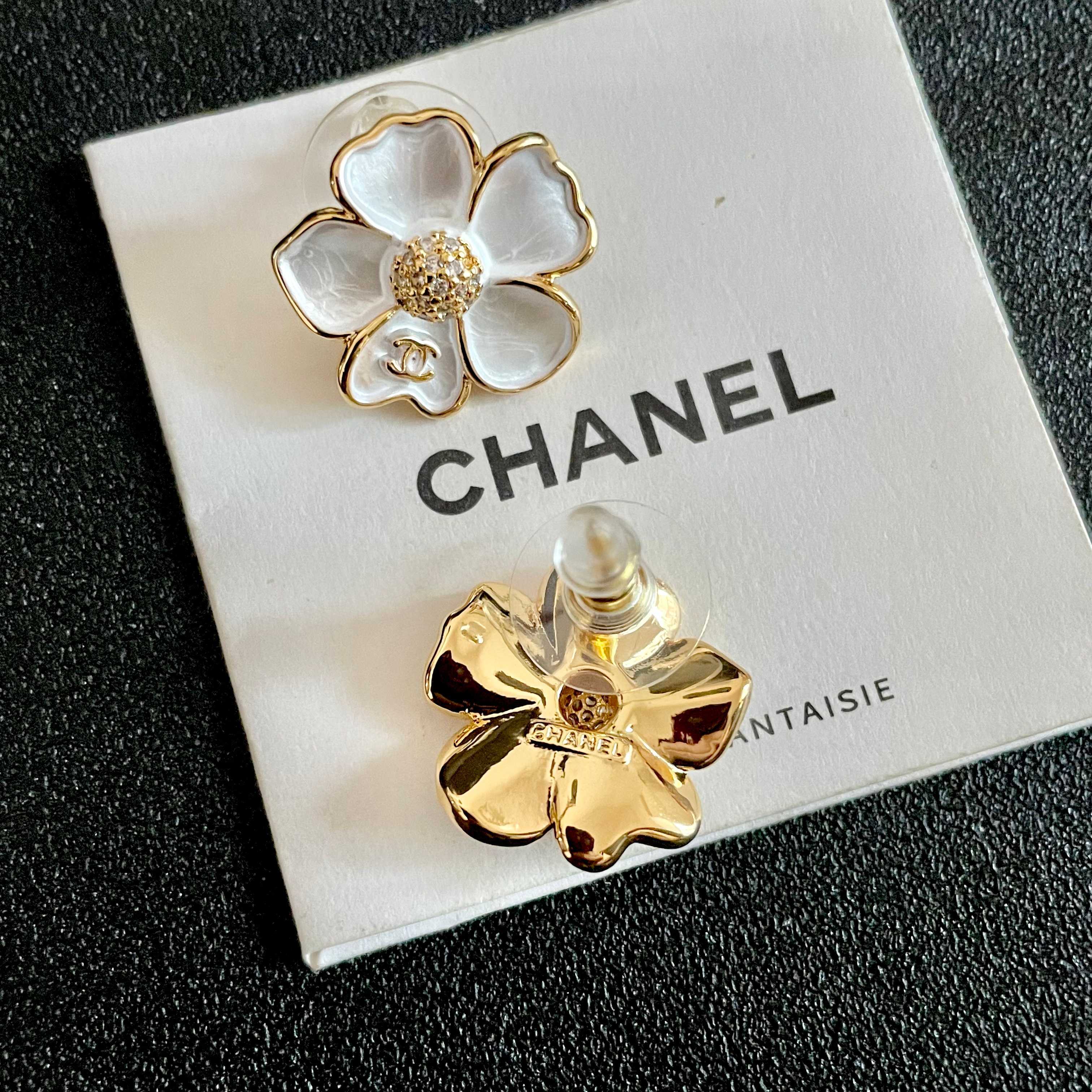 Chanel CC Camellia Flower Stud Earrings earrings Gold-tone metal white mother-of-pearl effect petals clear crystal accents 1 5cm diameter