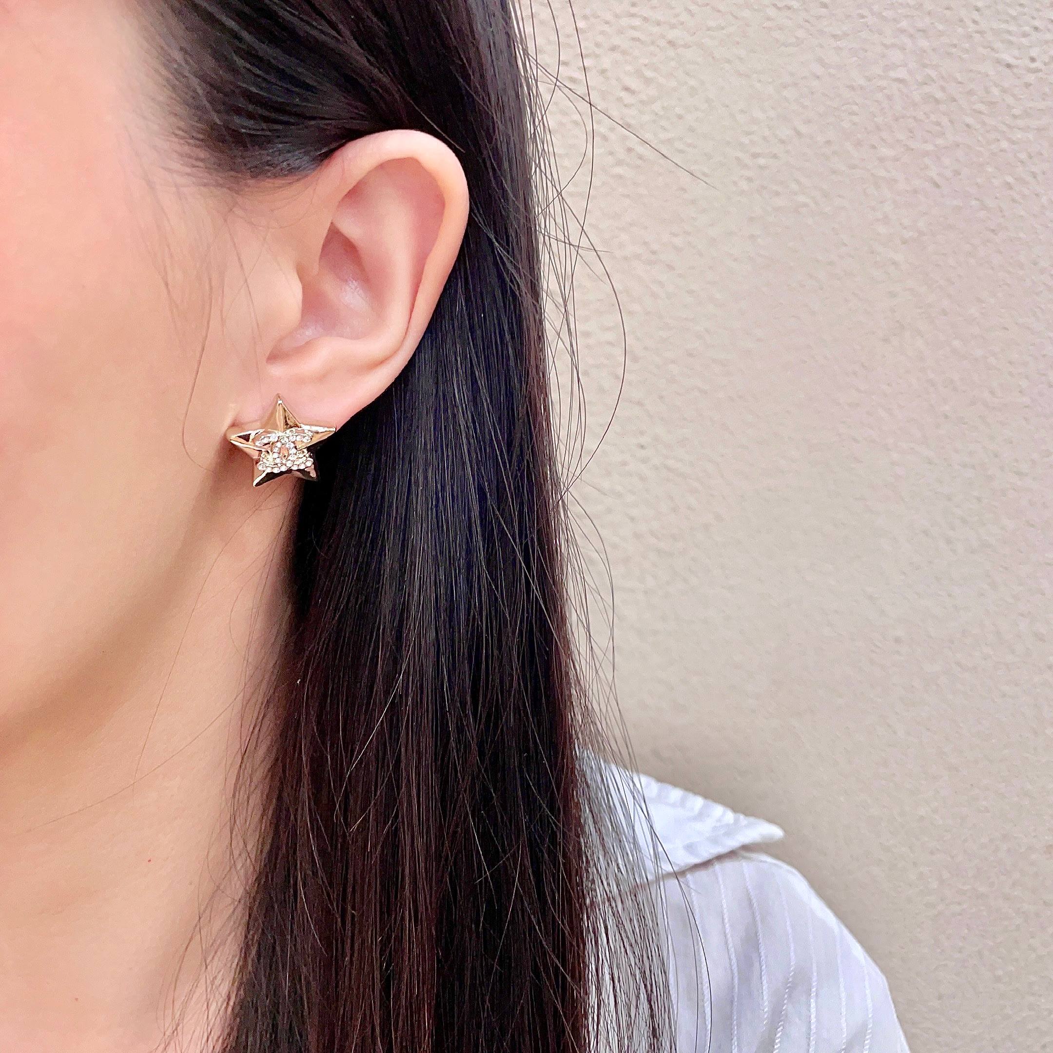 Chanel CC Star Stud Earrings earrings Gold-tone metal with clear crystal accents silver-tone metal with clear crystal accents 1 5cm stud diameter