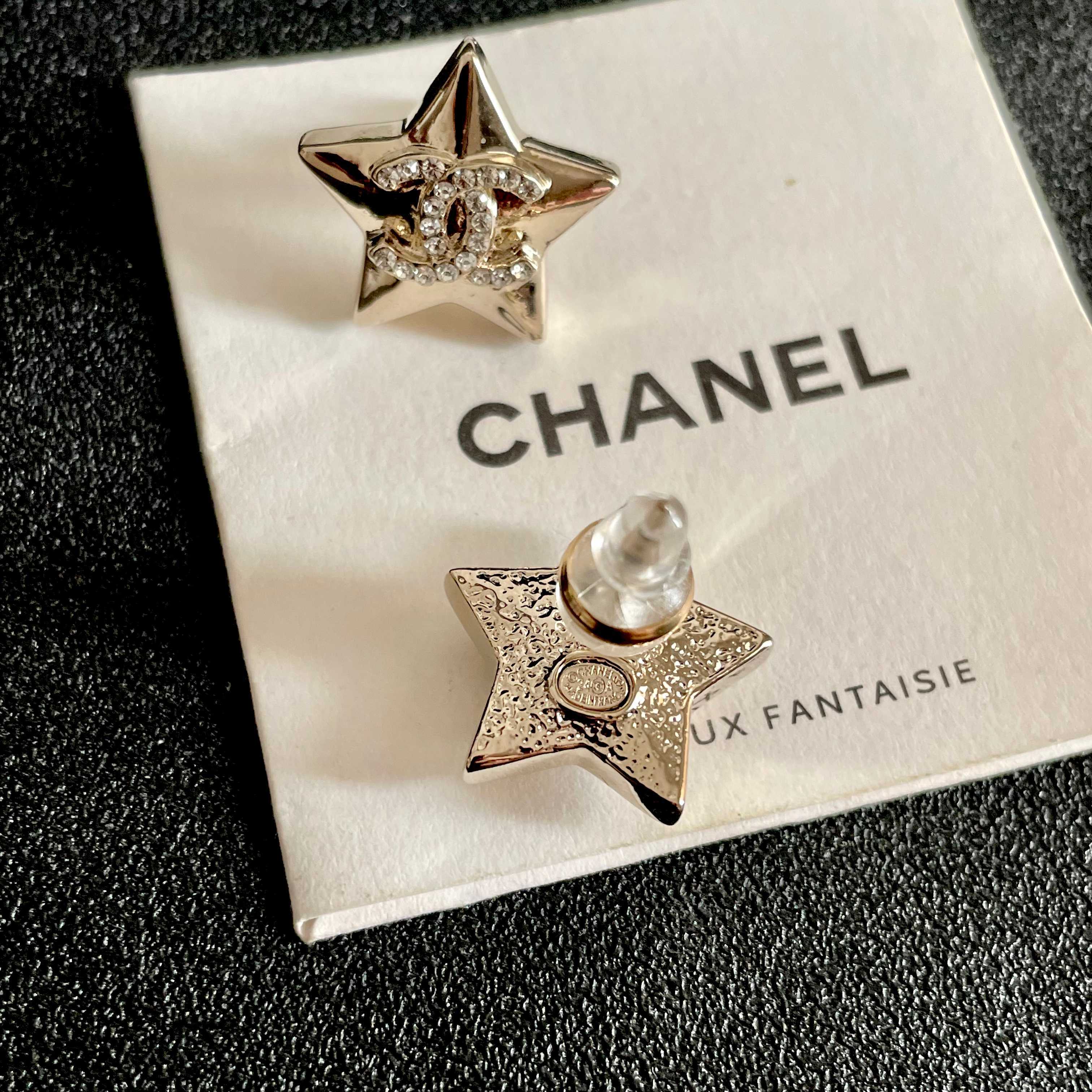 Chanel CC Star Stud Earrings earrings Gold-tone metal with clear crystal accents silver-tone metal with clear crystal accents 1 5cm stud diameter