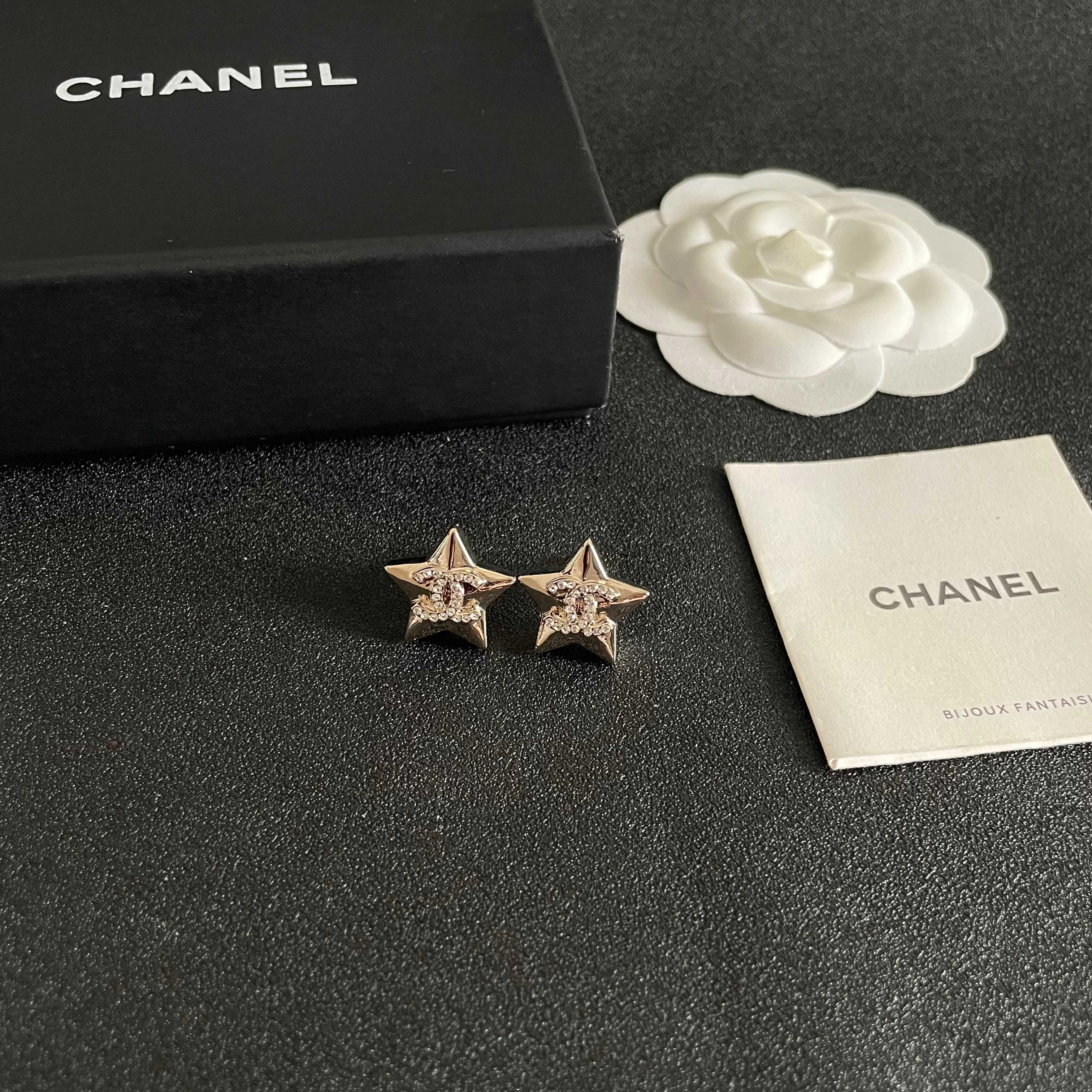 Chanel CC Star Stud Earrings earrings Gold-tone metal with clear crystal accents silver-tone metal with clear crystal accents 1 5cm stud diameter