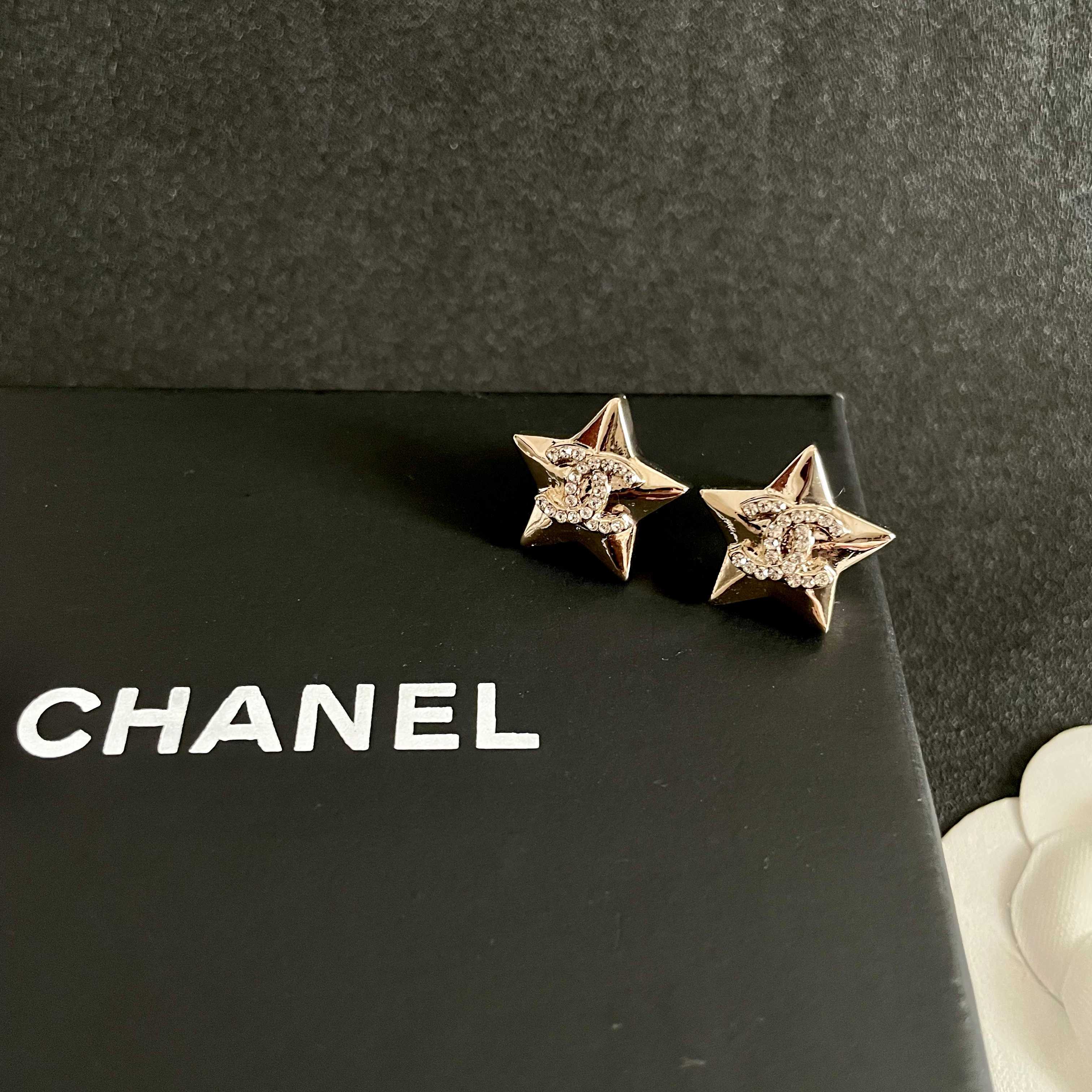 Chanel CC Star Stud Earrings earrings Gold-tone metal with clear crystal accents silver-tone metal with clear crystal accents 1 5cm stud diameter