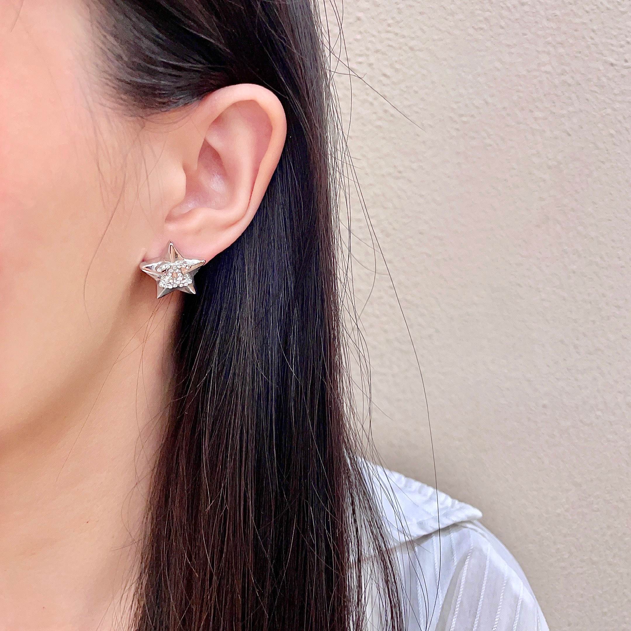 Chanel CC Star Stud Earrings earrings Silver-toned metal with clear crystal accents One Size