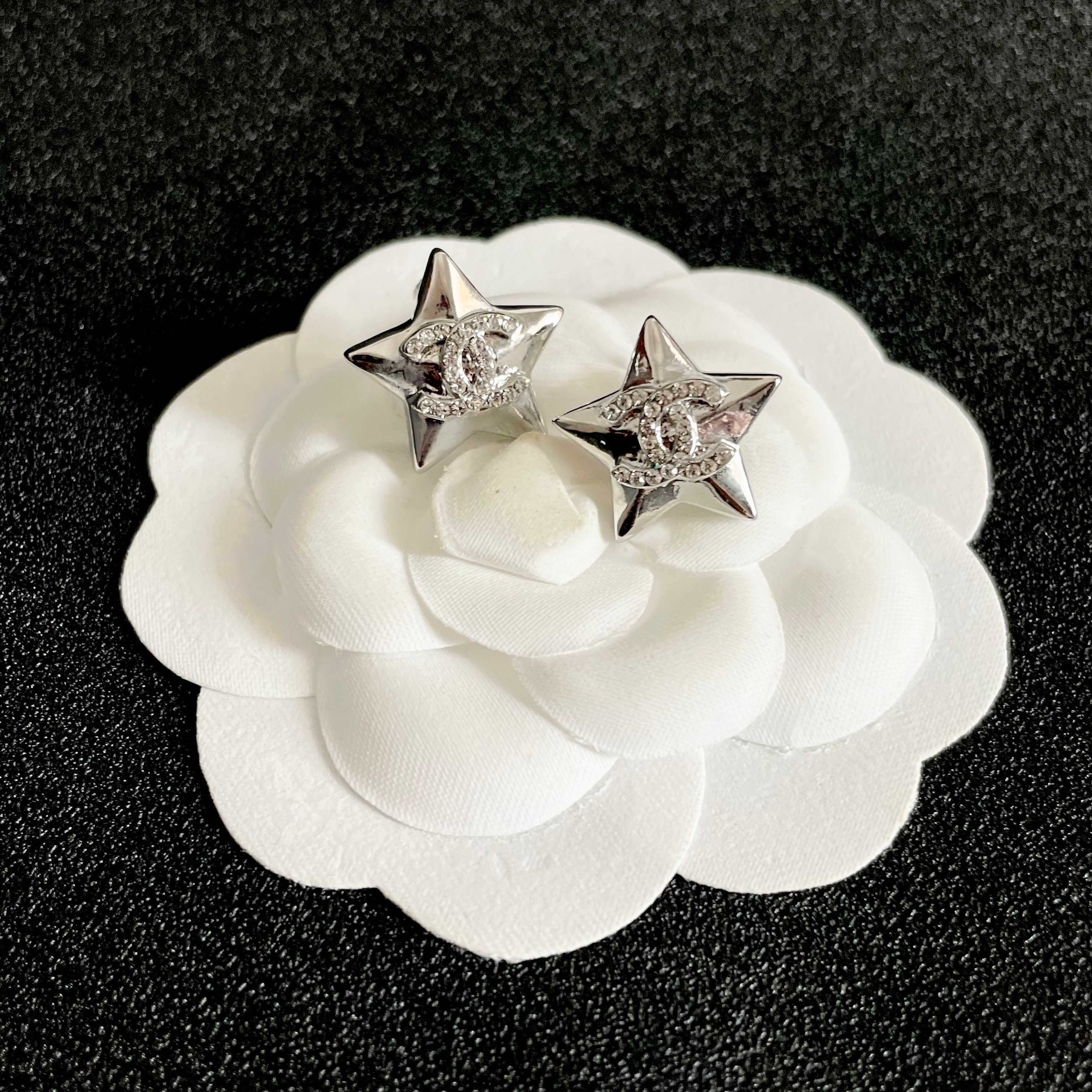Chanel CC Star Stud Earrings earrings Silver-toned metal with clear crystal accents One Size