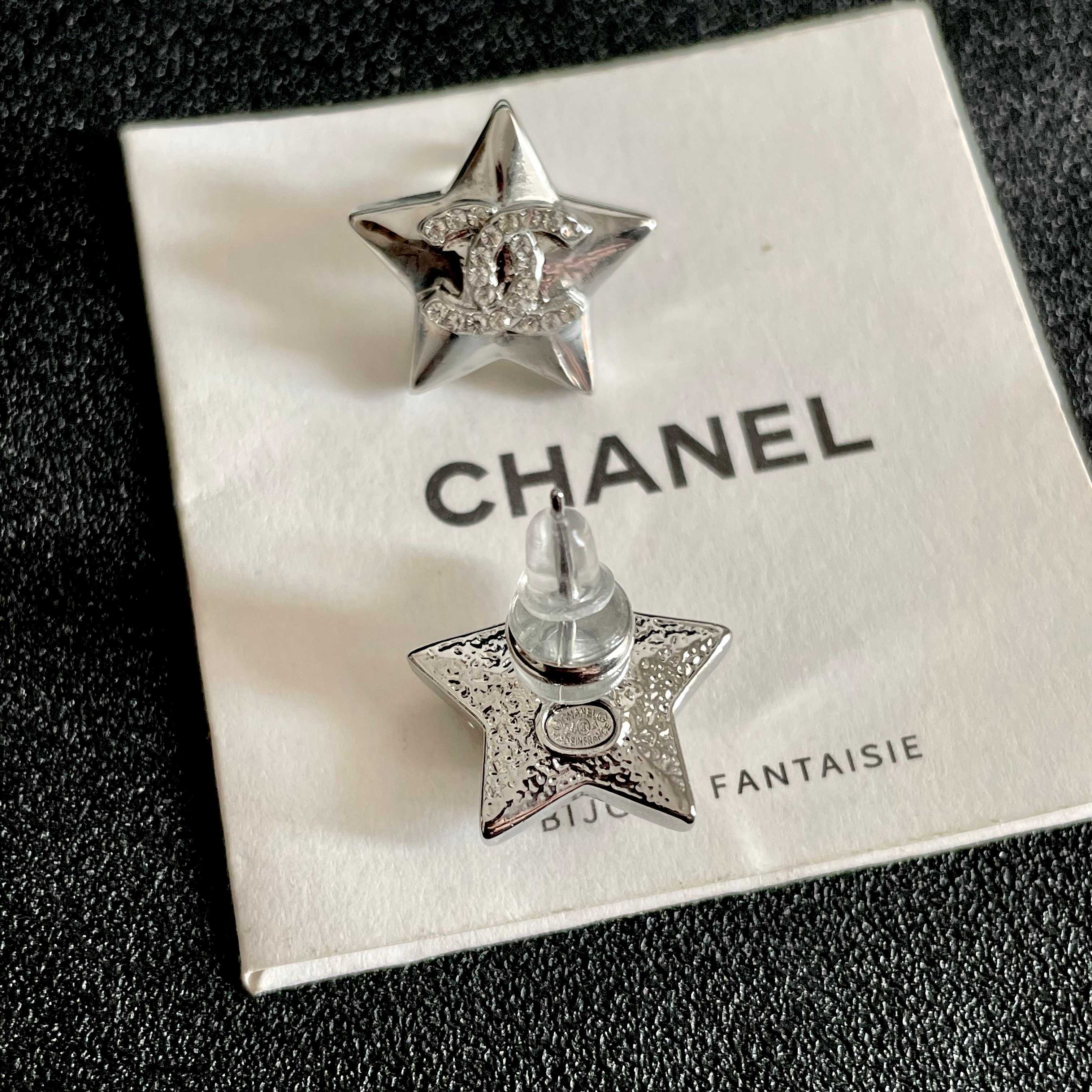 Chanel CC Star Stud Earrings earrings Silver-toned metal with clear crystal accents One Size