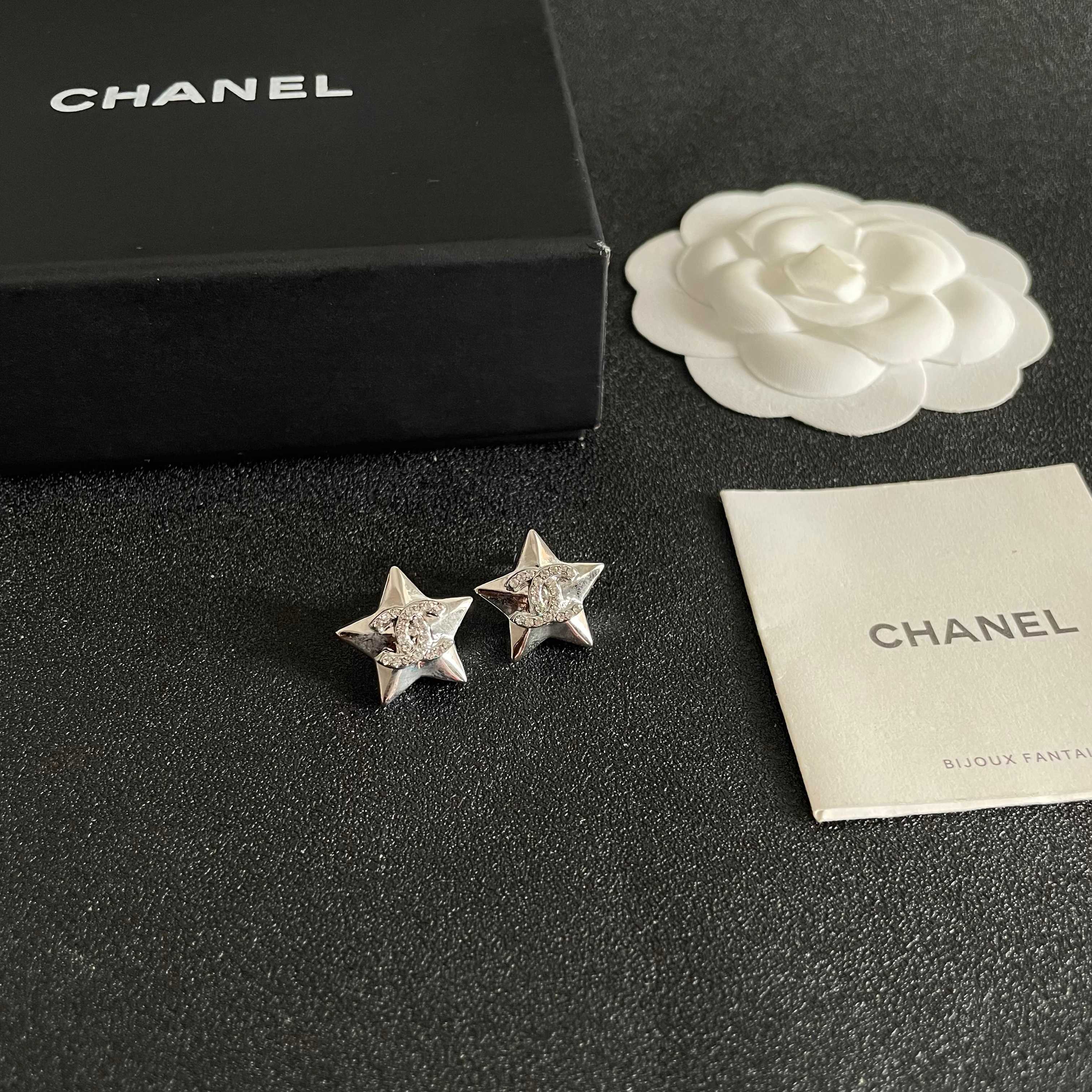 Chanel CC Star Stud Earrings earrings Silver-toned metal with clear crystal accents One Size
