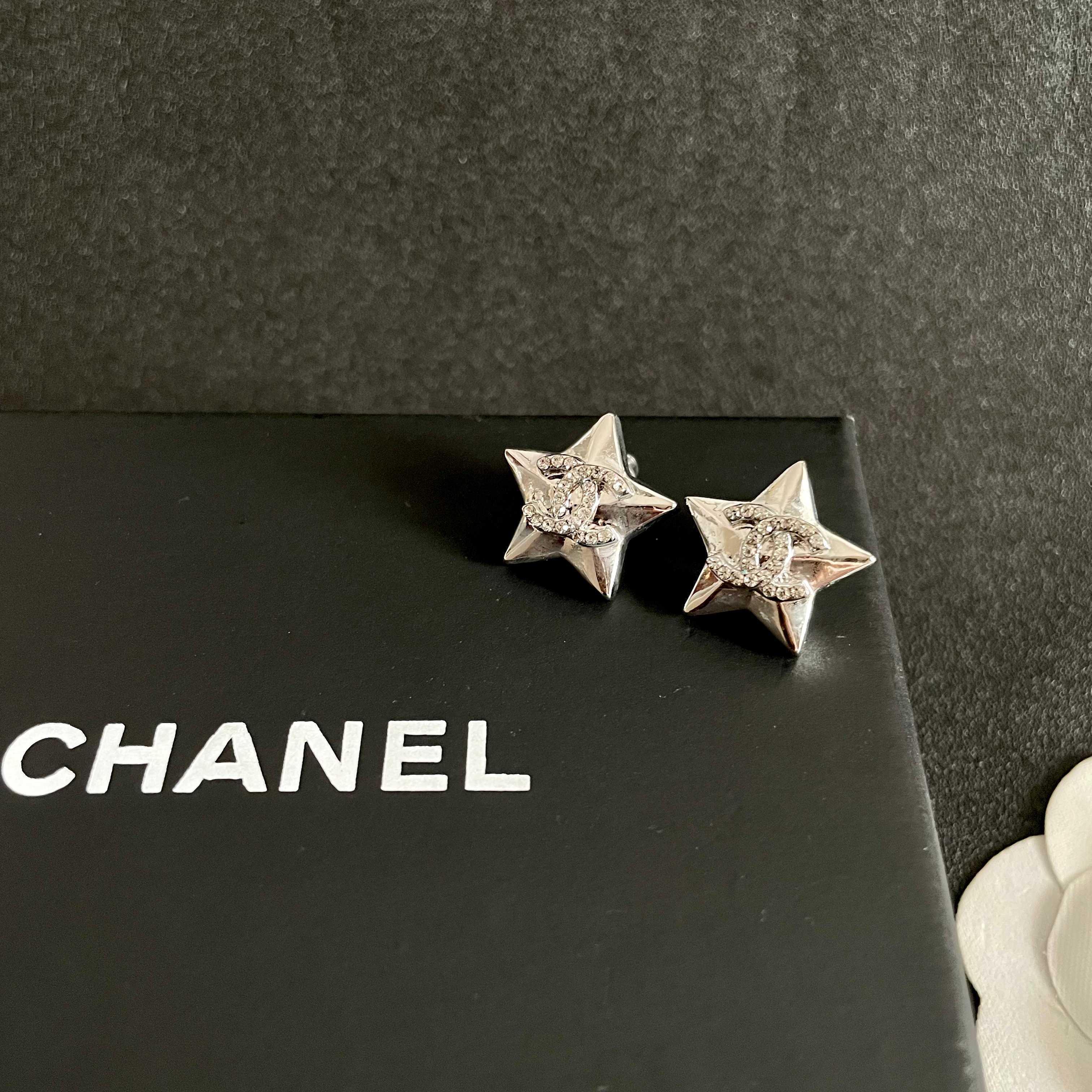Chanel CC Star Stud Earrings earrings Silver-toned metal with clear crystal accents One Size