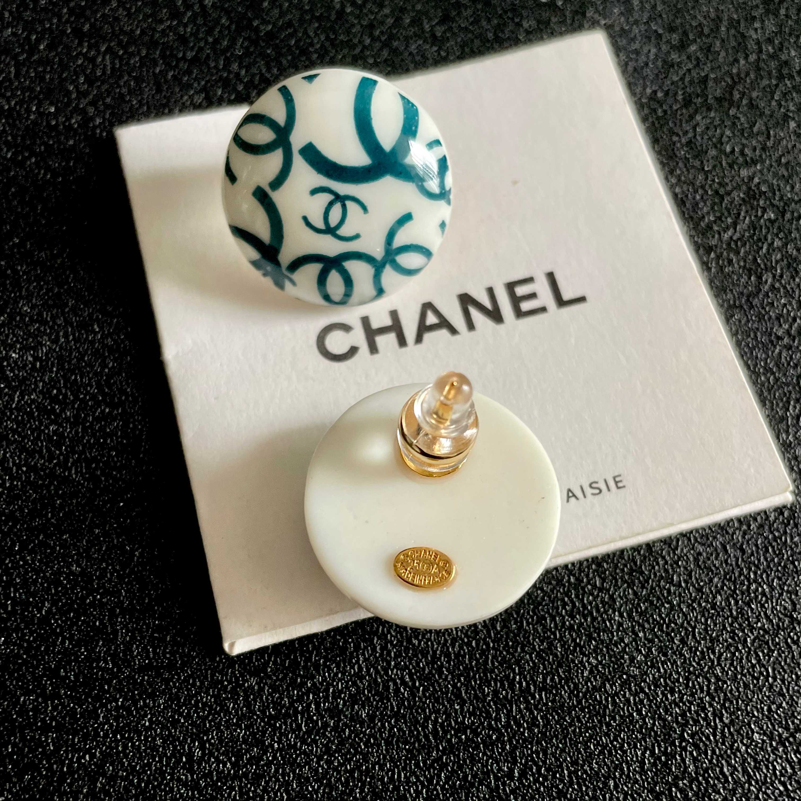 Chanel CC Logo Round Button Stud Earrings earrings White base with interlocking CC logo in black teal blue variants resin finish 2cm diameter