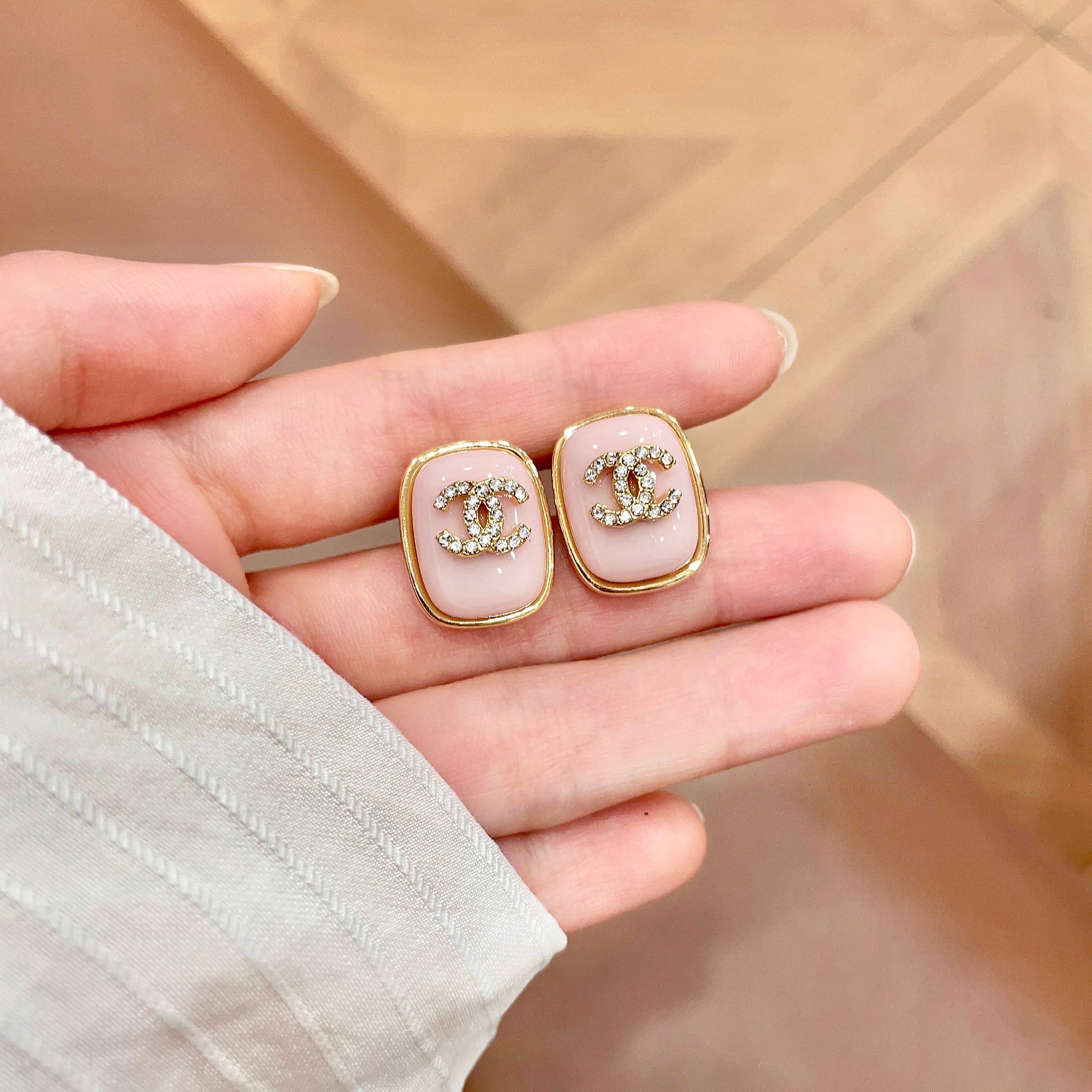 Chanel CC Logo Square Stud Earrings earrings gold-tone metal light pink enamel clear crystal accents 1 5cm width per earring