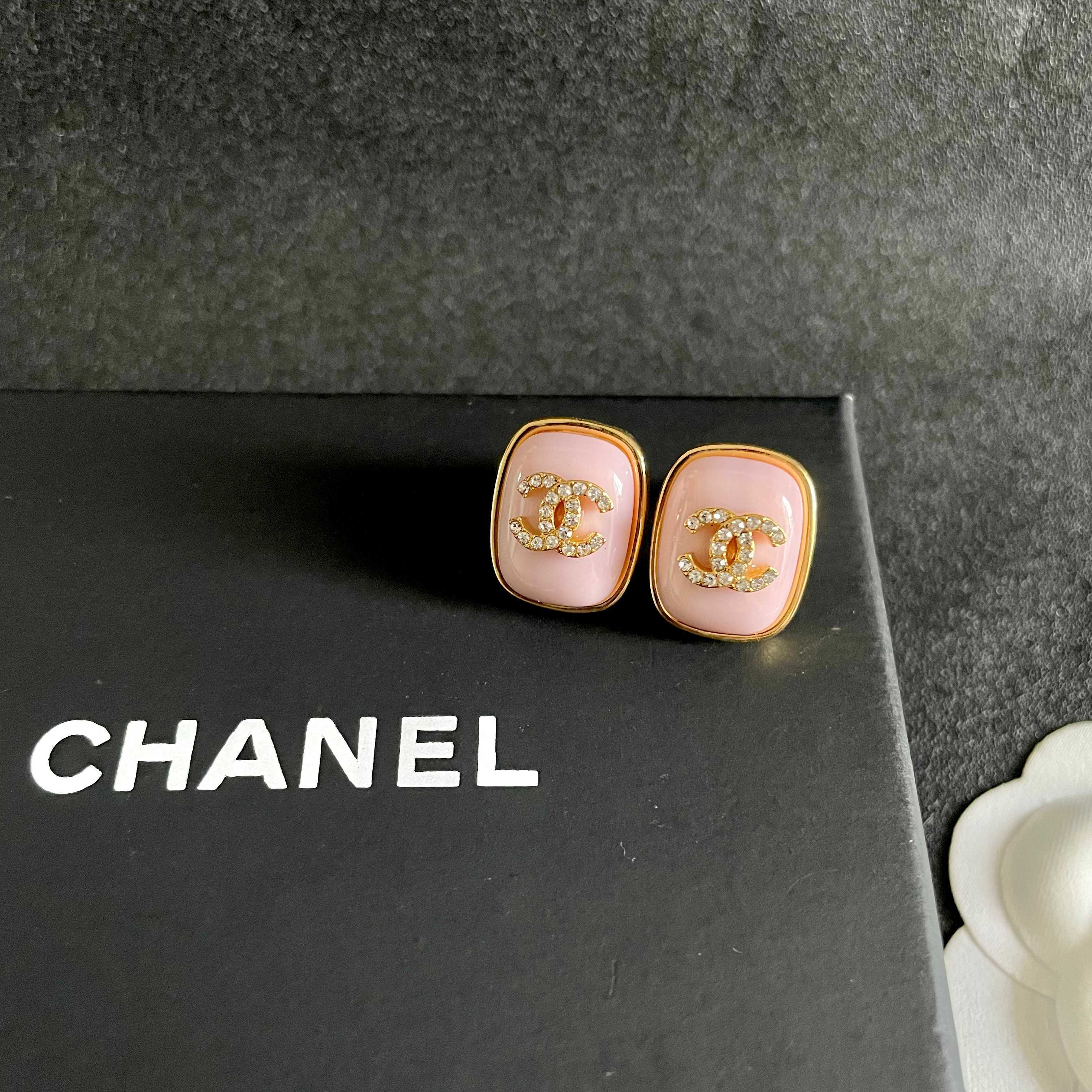 Chanel CC Logo Square Stud Earrings earrings gold-tone metal light pink enamel clear crystal accents 1 5cm width per earring