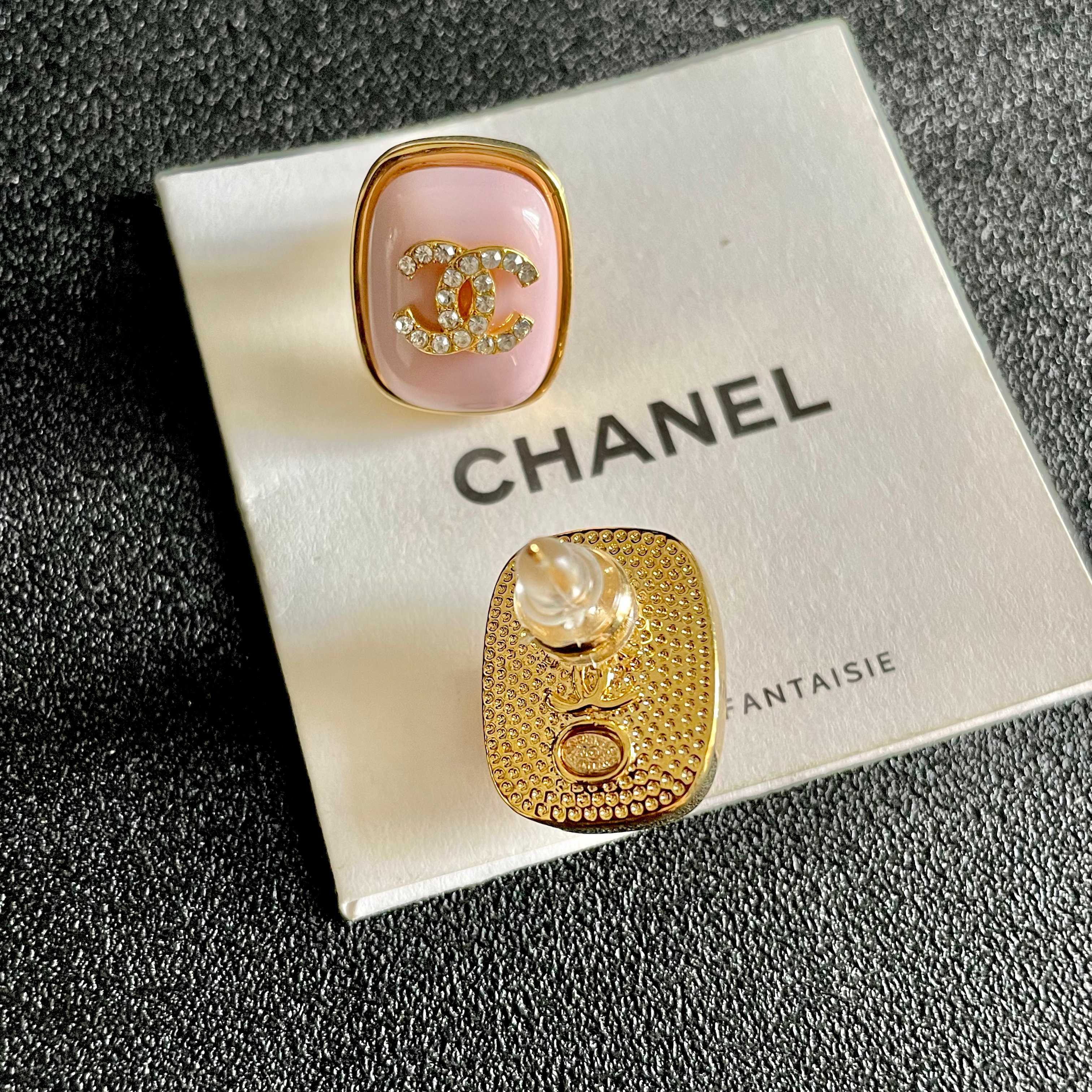 Chanel CC Logo Square Stud Earrings earrings gold-tone metal light pink enamel clear crystal accents 1 5cm width per earring