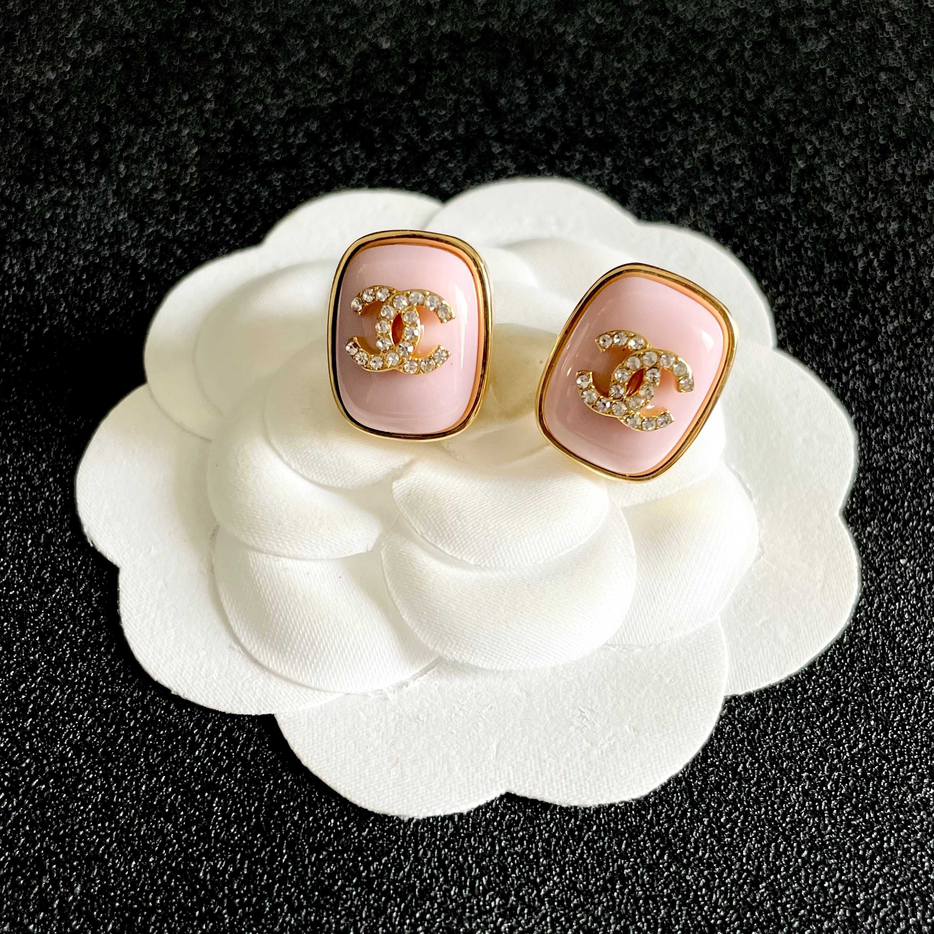 Chanel CC Logo Square Stud Earrings earrings gold-tone metal light pink enamel clear crystal accents 1 5cm width per earring