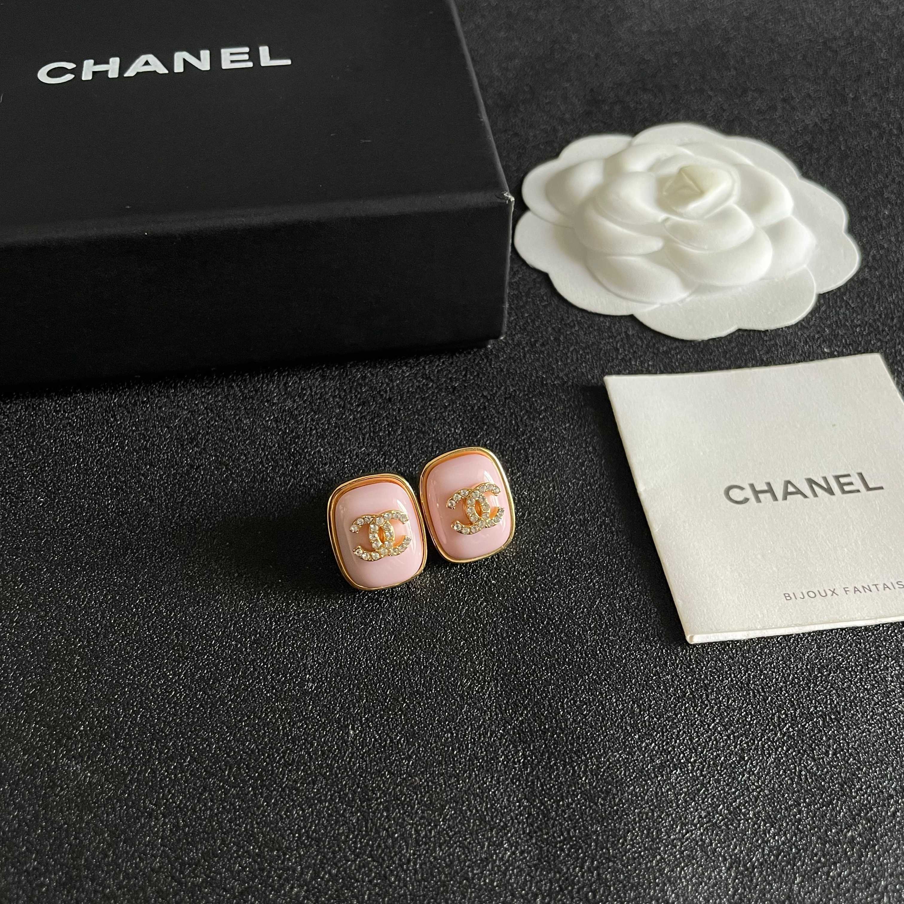 Chanel CC Logo Square Stud Earrings earrings gold-tone metal light pink enamel clear crystal accents 1 5cm width per earring
