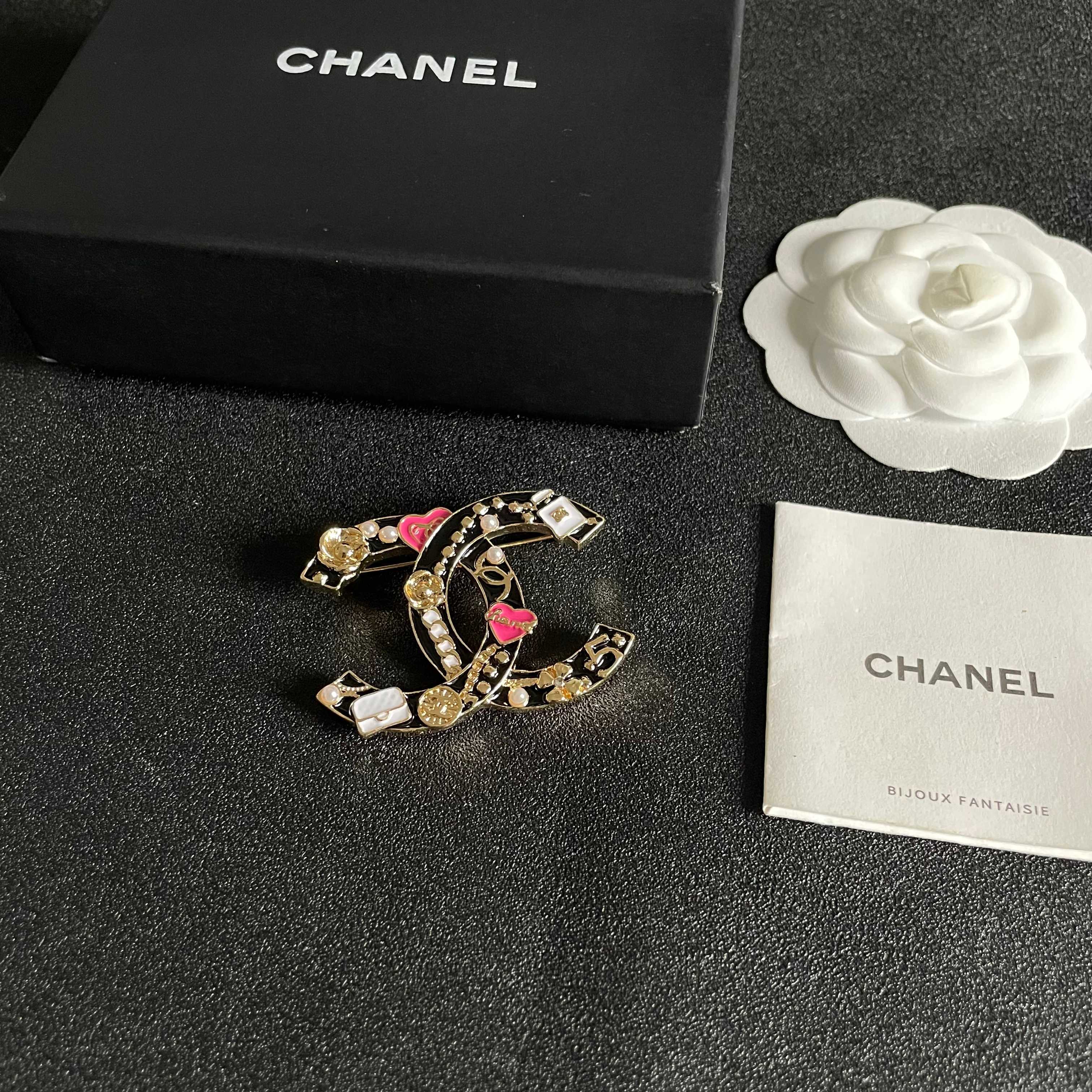 Chanel CC Logo Heart Charms Brooch brooch gold tone metal with black enamel pink enamel hearts white enamel bag charms white faux pearls 3 5cm width