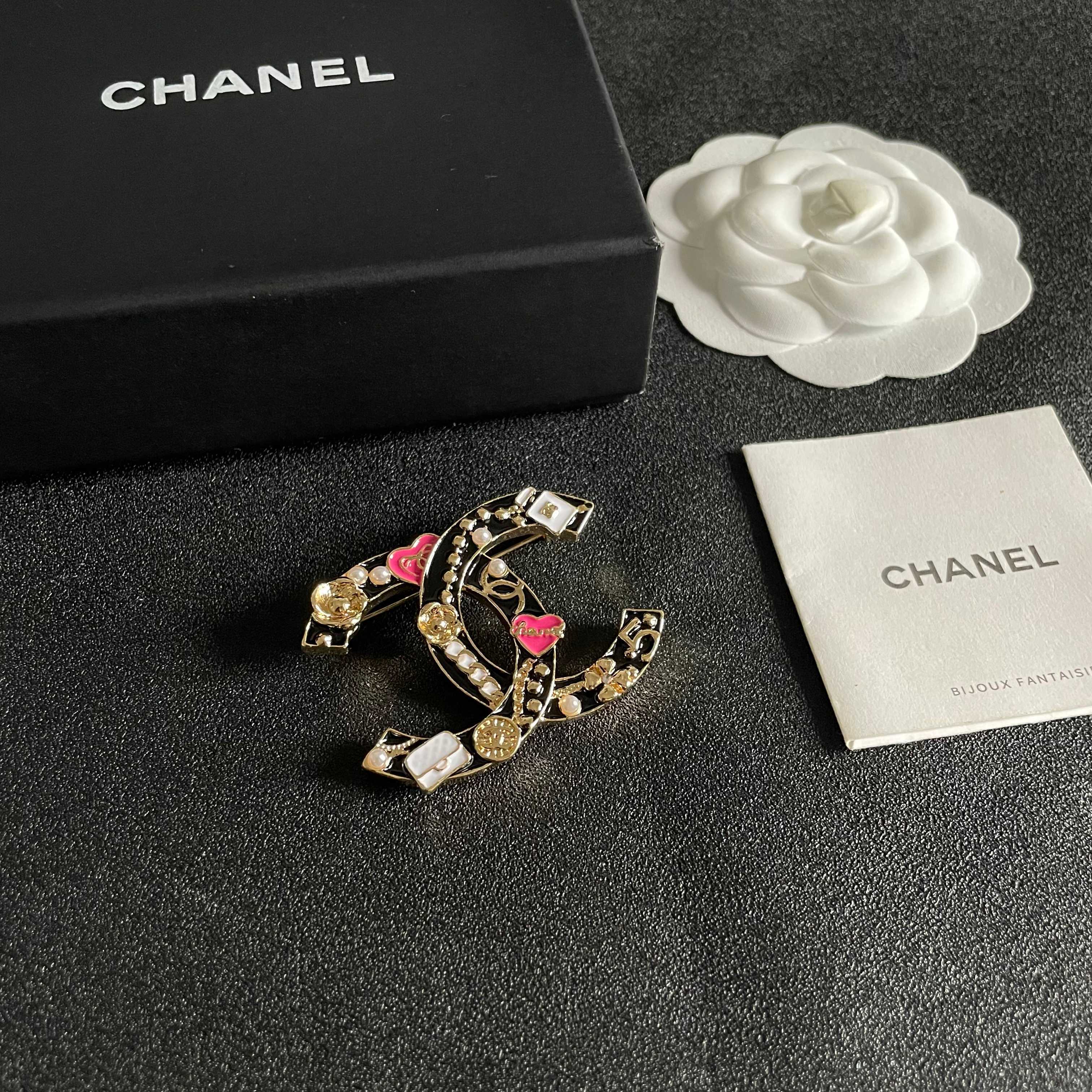Chanel CC Logo Heart Charms Brooch brooch gold tone metal with black enamel pink enamel hearts white enamel bag charms white faux pearls 3 5cm width