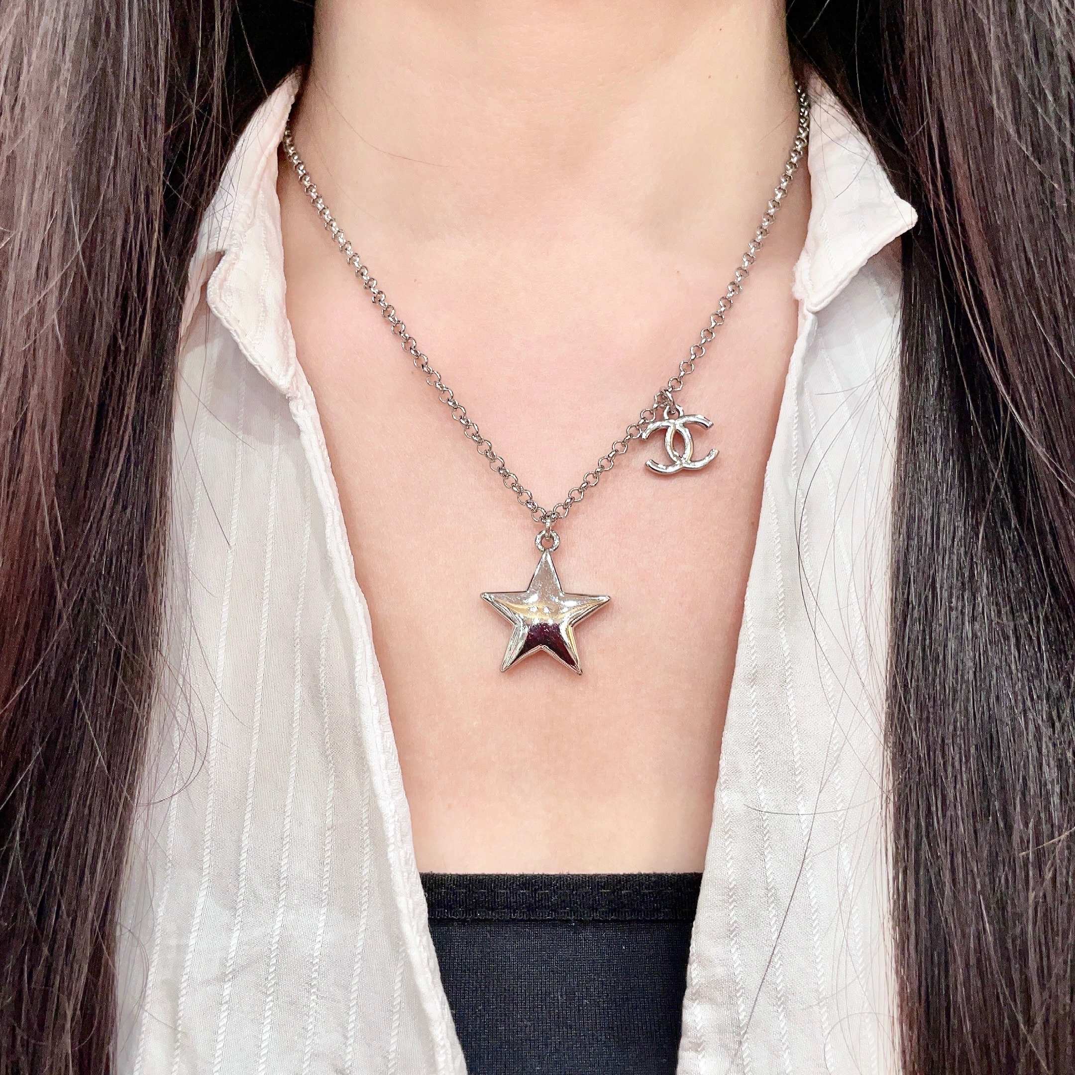 Chanel CC Star Pendant Necklace necklace silver tone metal 42cm