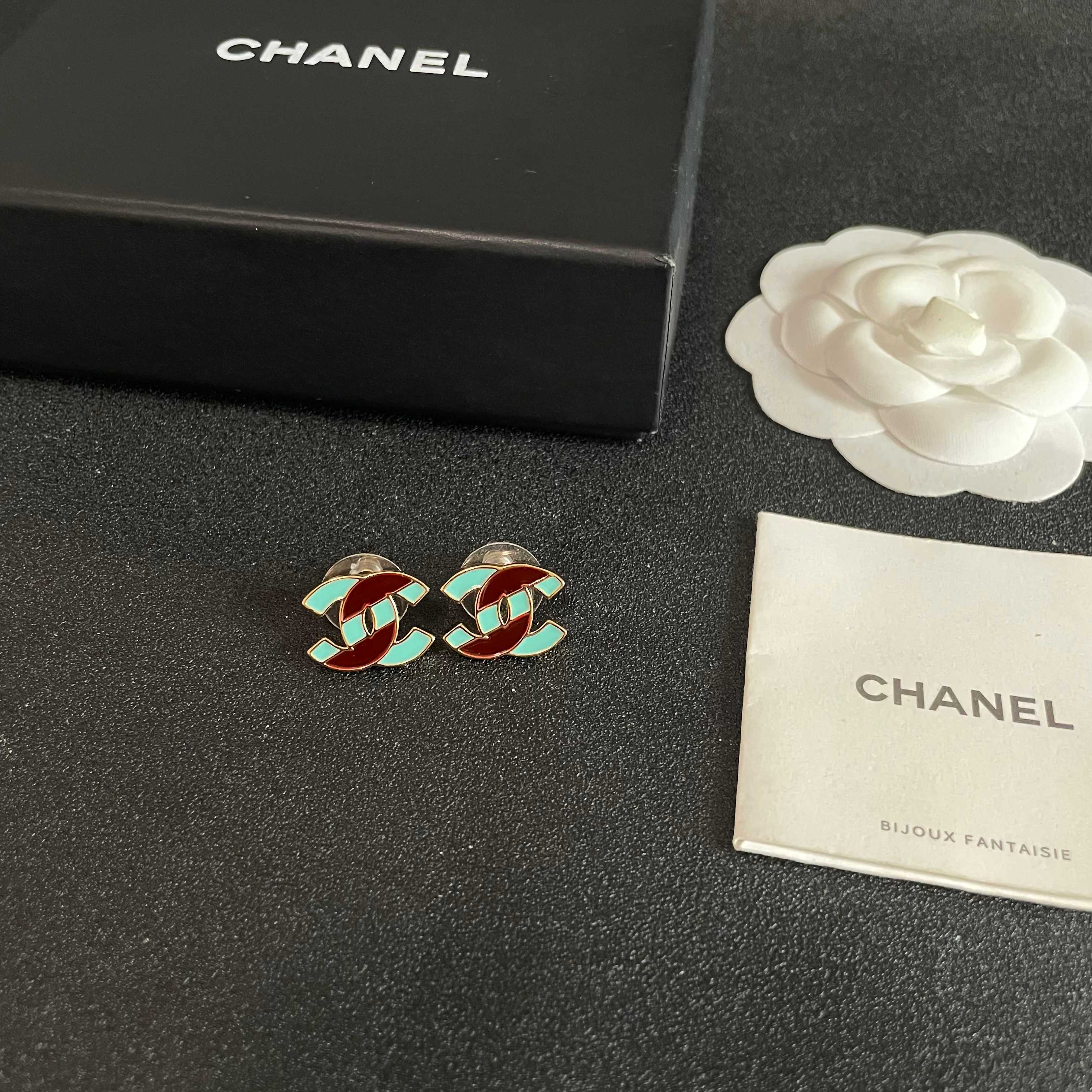 Chanel CC Logo Stud Earrings earrings gold-tone metal with turquoise and brown enamel 1 2cm stud diameter