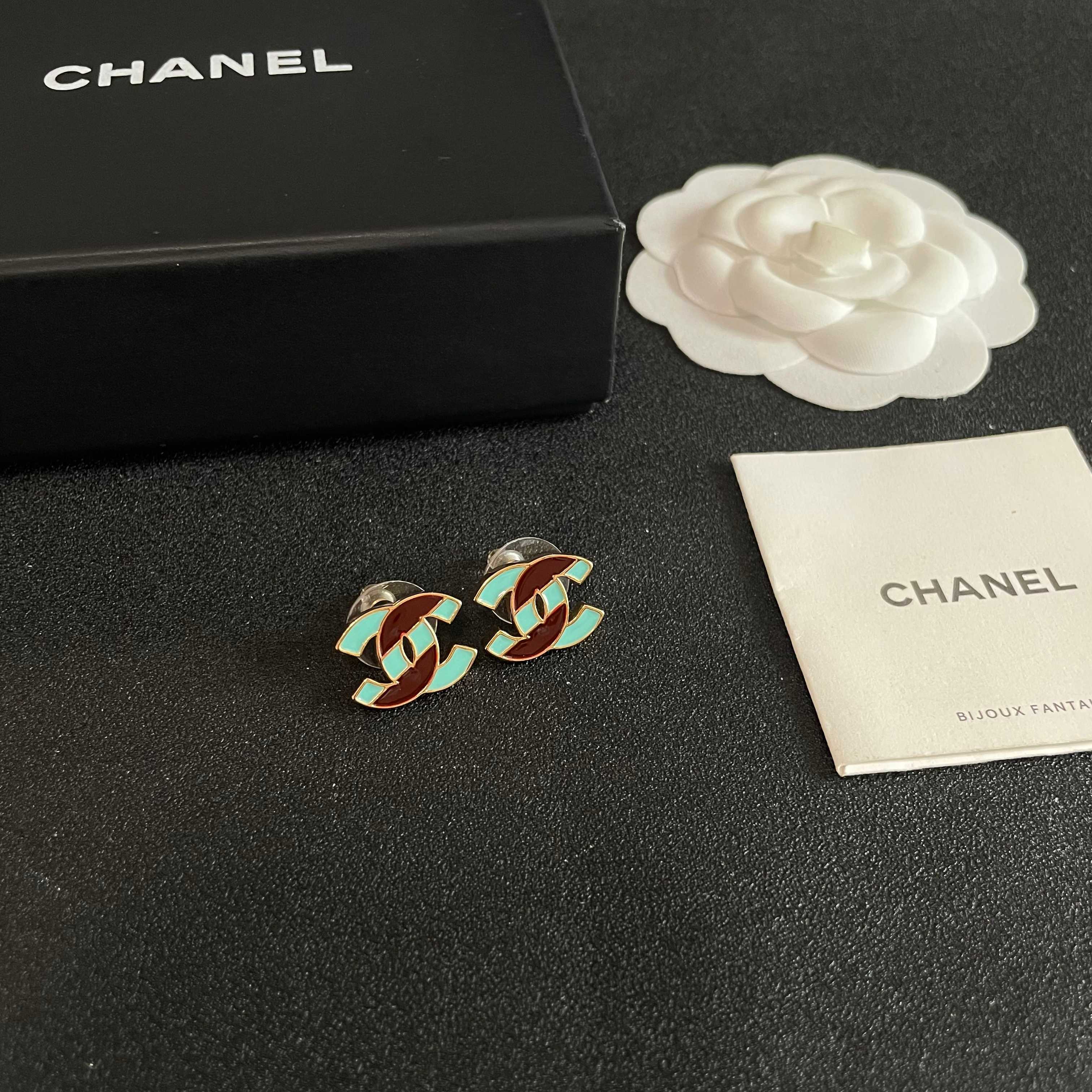 Chanel CC Logo Stud Earrings earrings gold-tone metal with turquoise and brown enamel 1 2cm stud diameter