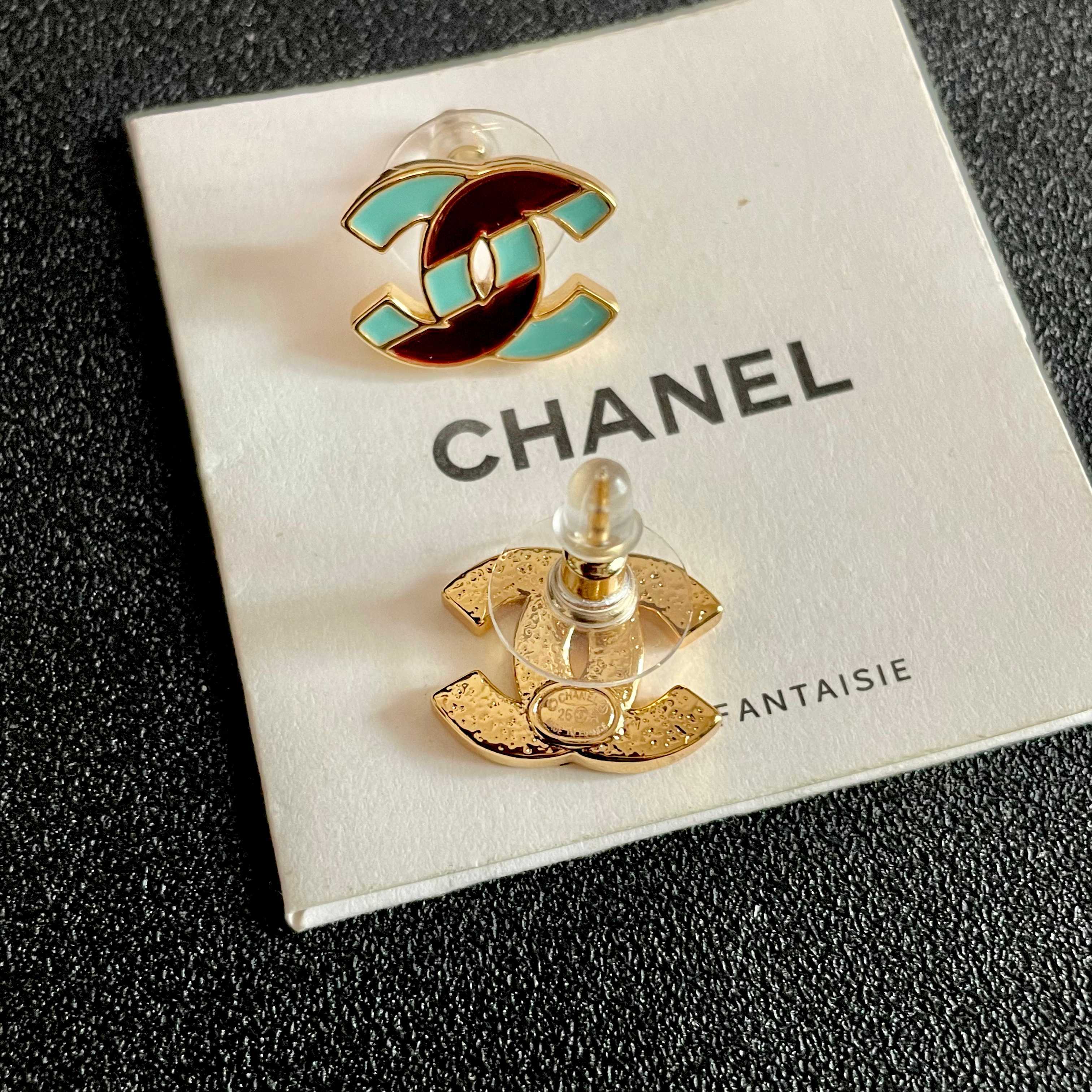 Chanel CC Logo Stud Earrings earrings gold-tone metal with turquoise and brown enamel 1 2cm stud diameter