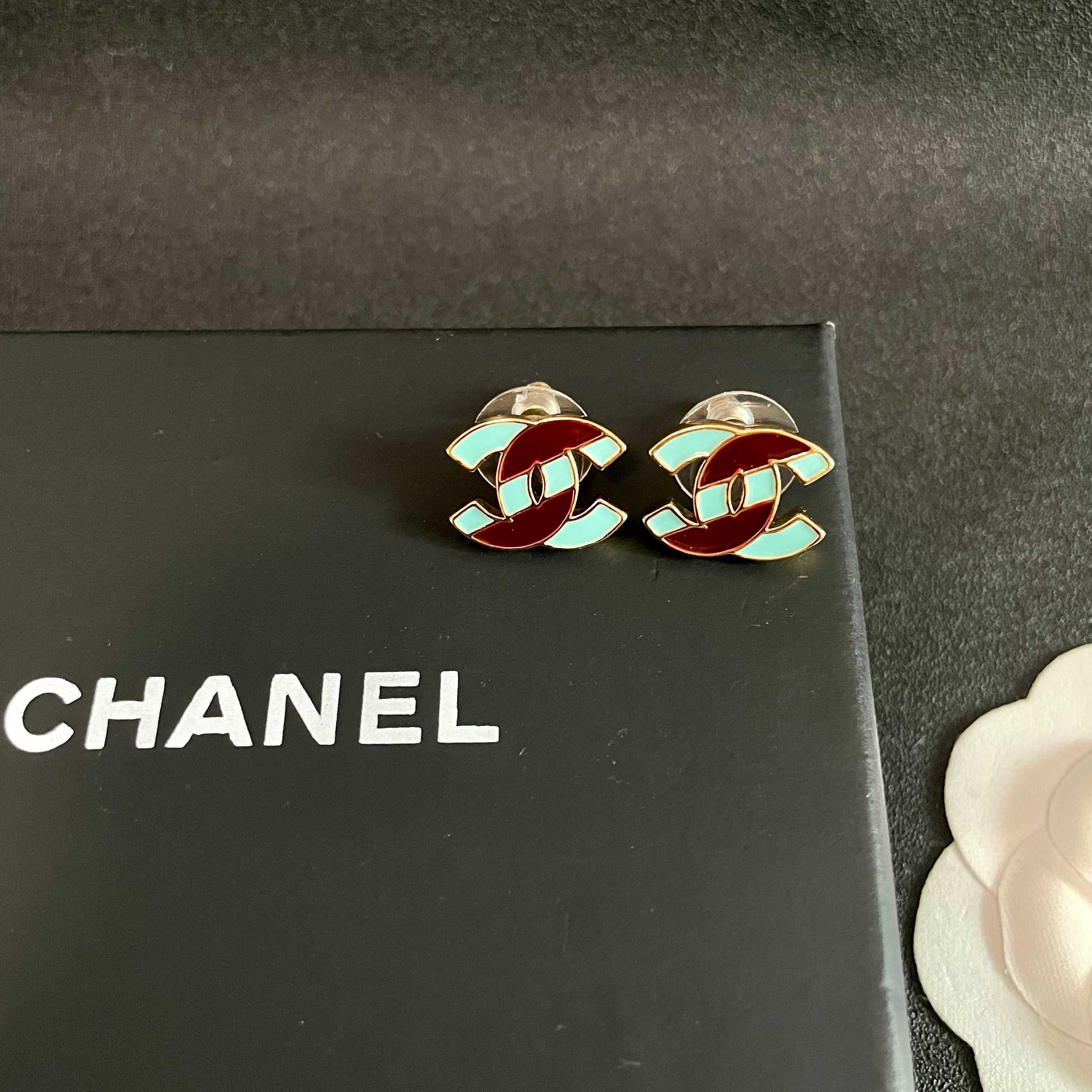 Chanel CC Logo Stud Earrings earrings gold-tone metal with turquoise and brown enamel 1 2cm stud diameter