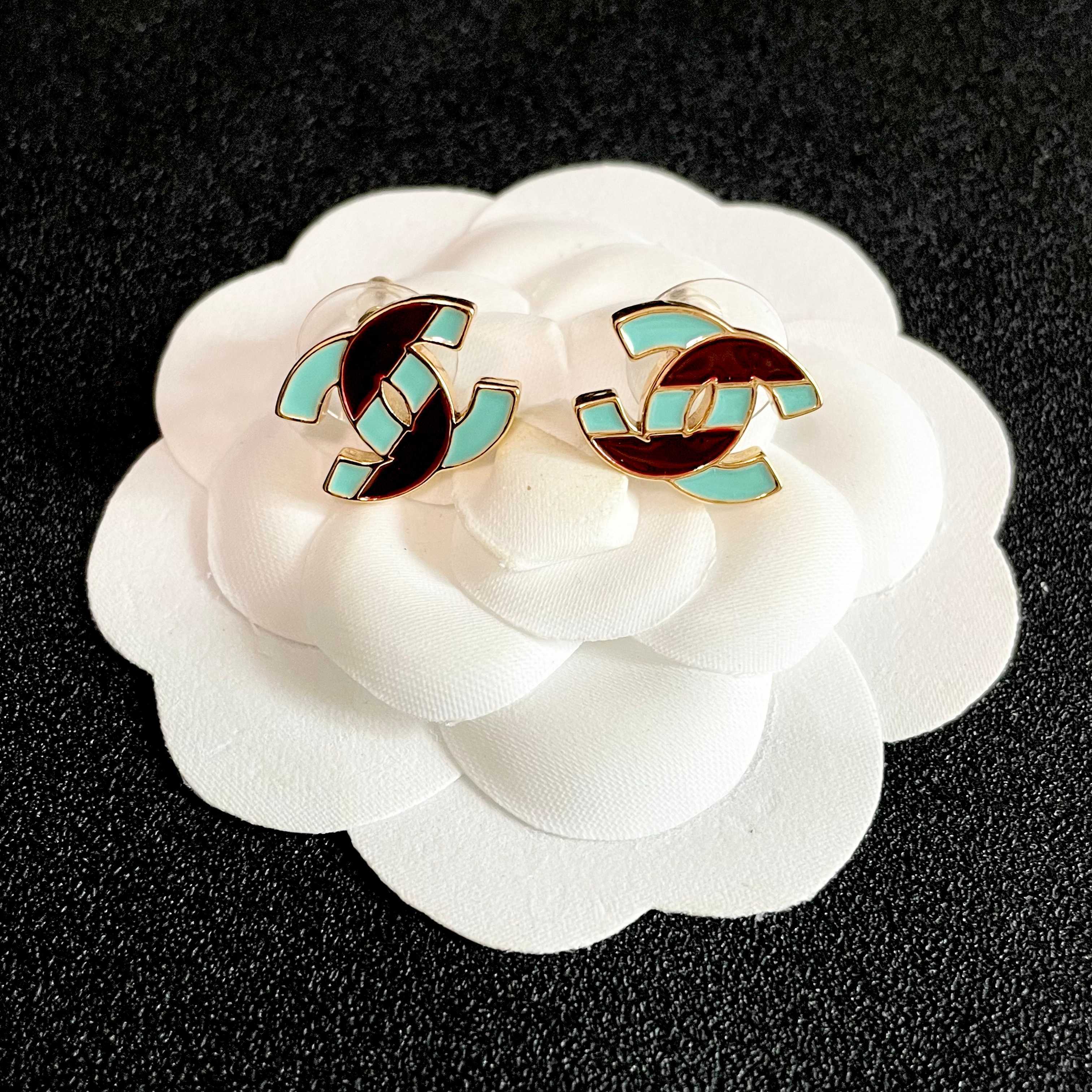 Chanel CC Logo Stud Earrings earrings gold-tone metal with turquoise and brown enamel 1 2cm stud diameter