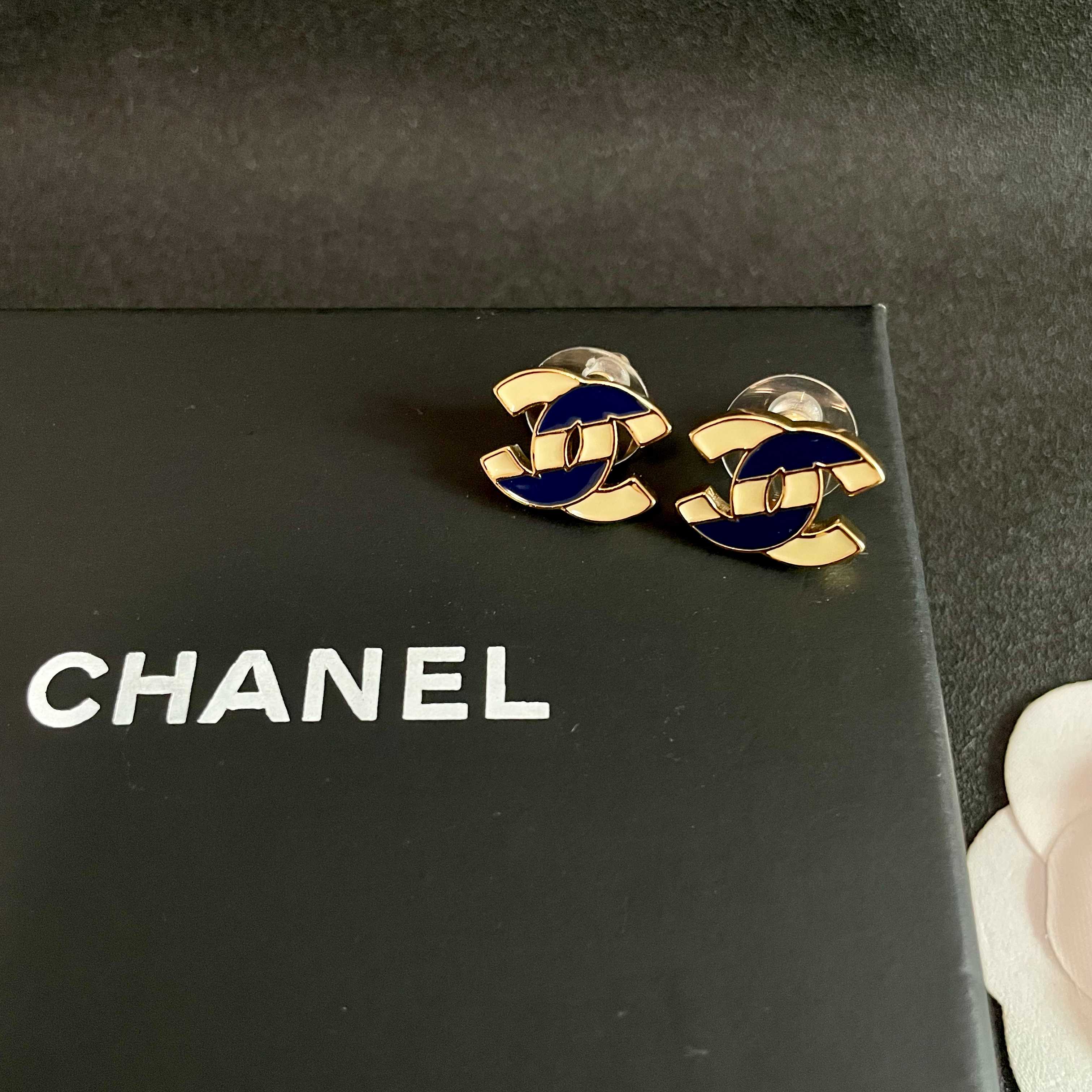 Chanel CC Logo Stud Earrings earrings gold-tone metal with cream and navy blue enamel 1 5cm stud diameter