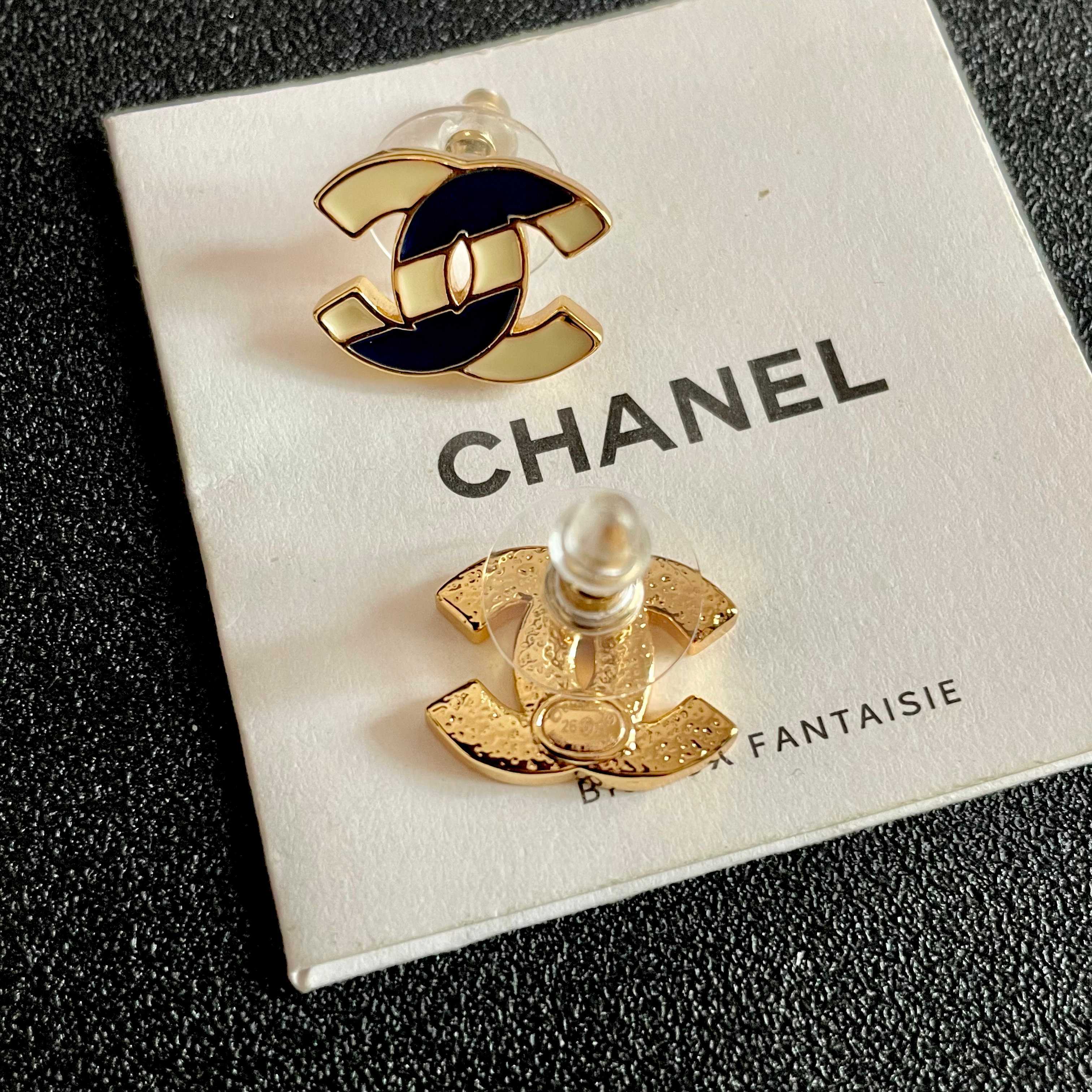 Chanel CC Logo Stud Earrings earrings gold-tone metal with cream and navy blue enamel 1 5cm stud diameter