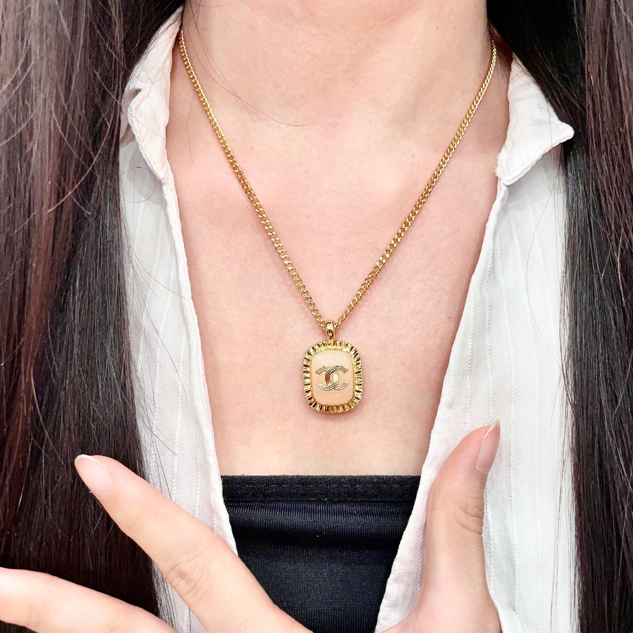 Chanel CC Logo Resin Square Pendant necklace Gold-tone metal with light pink resin 45cm