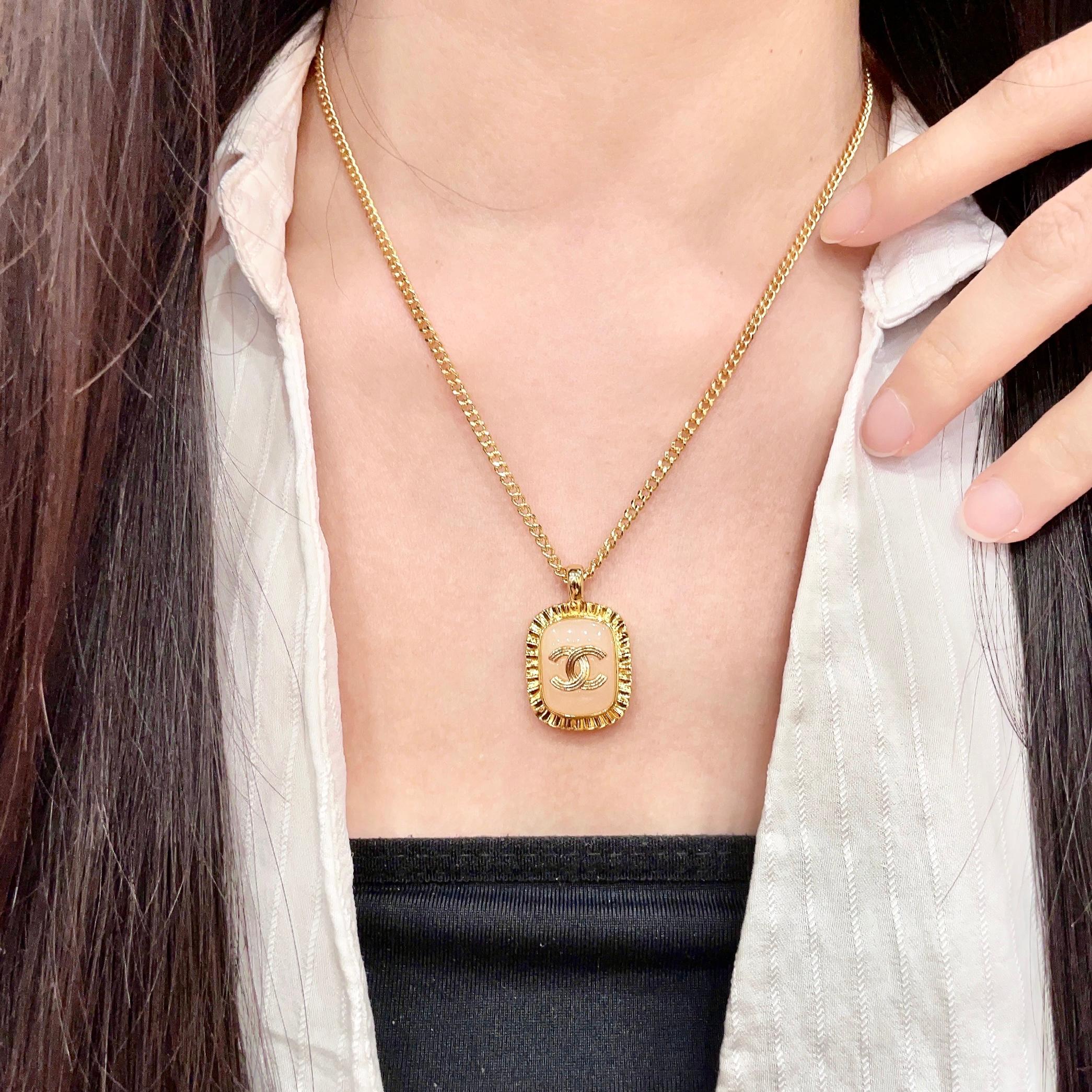 Chanel CC Logo Resin Square Pendant necklace Gold-tone metal with light pink resin 45cm