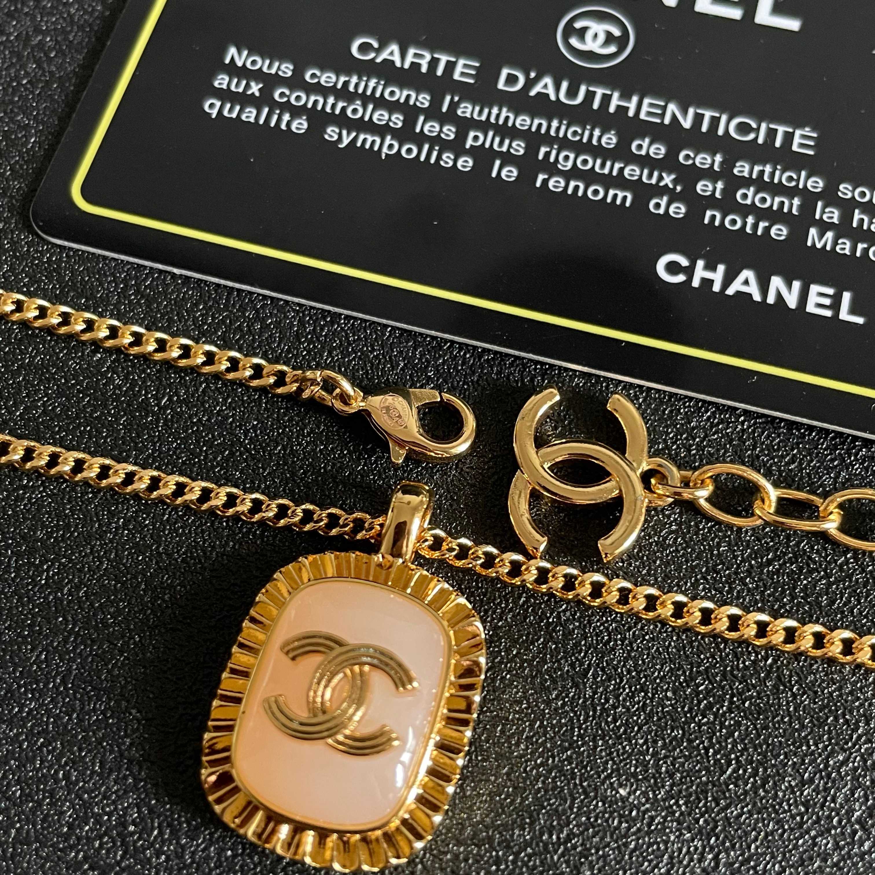 Chanel CC Logo Resin Square Pendant necklace Gold-tone metal with light pink resin 45cm