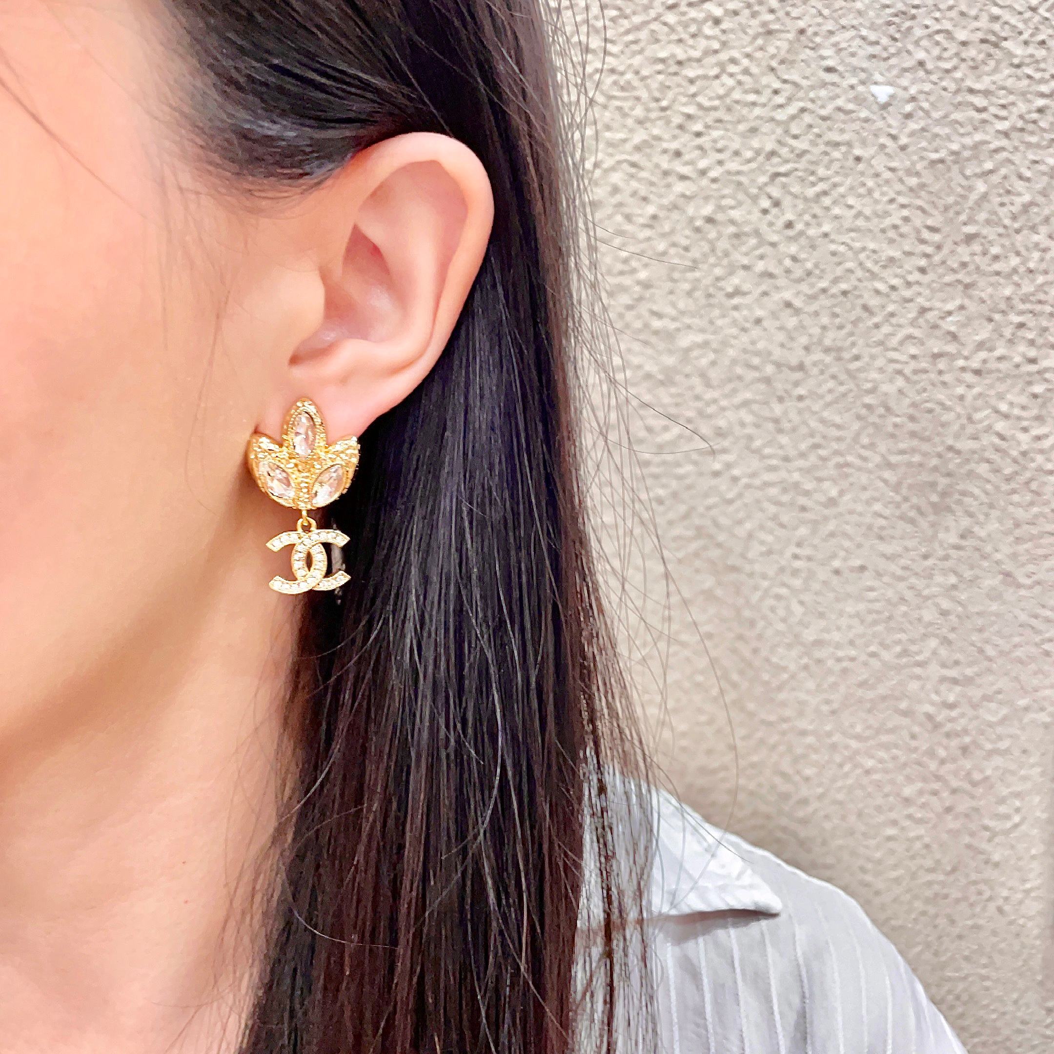 Chanel CC Logo Tulip Crystal Drop Earrings earrings gold-tone metal with clear faceted crystals 2 5cm drop length