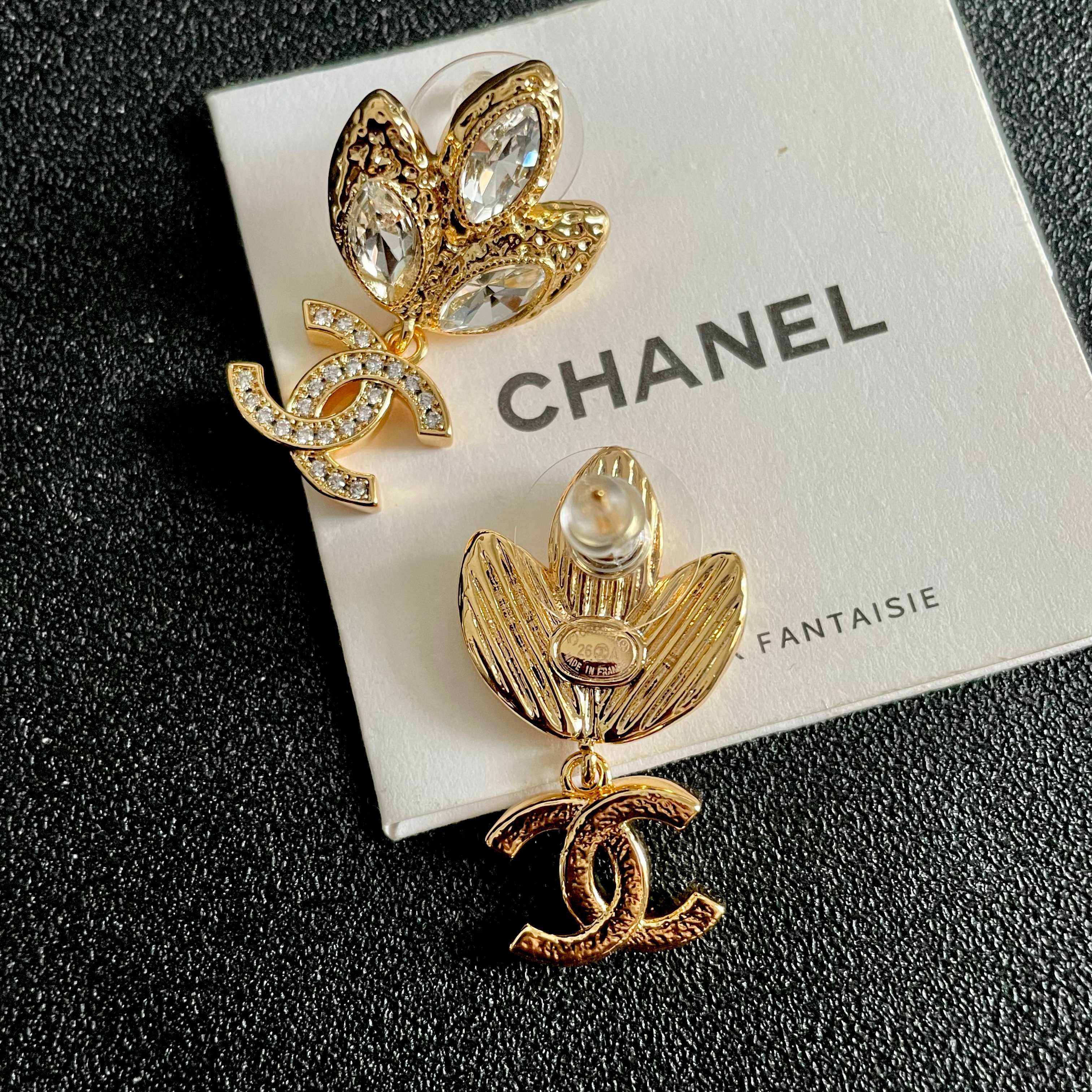 Chanel CC Logo Tulip Crystal Drop Earrings earrings gold-tone metal with clear faceted crystals 2 5cm drop length